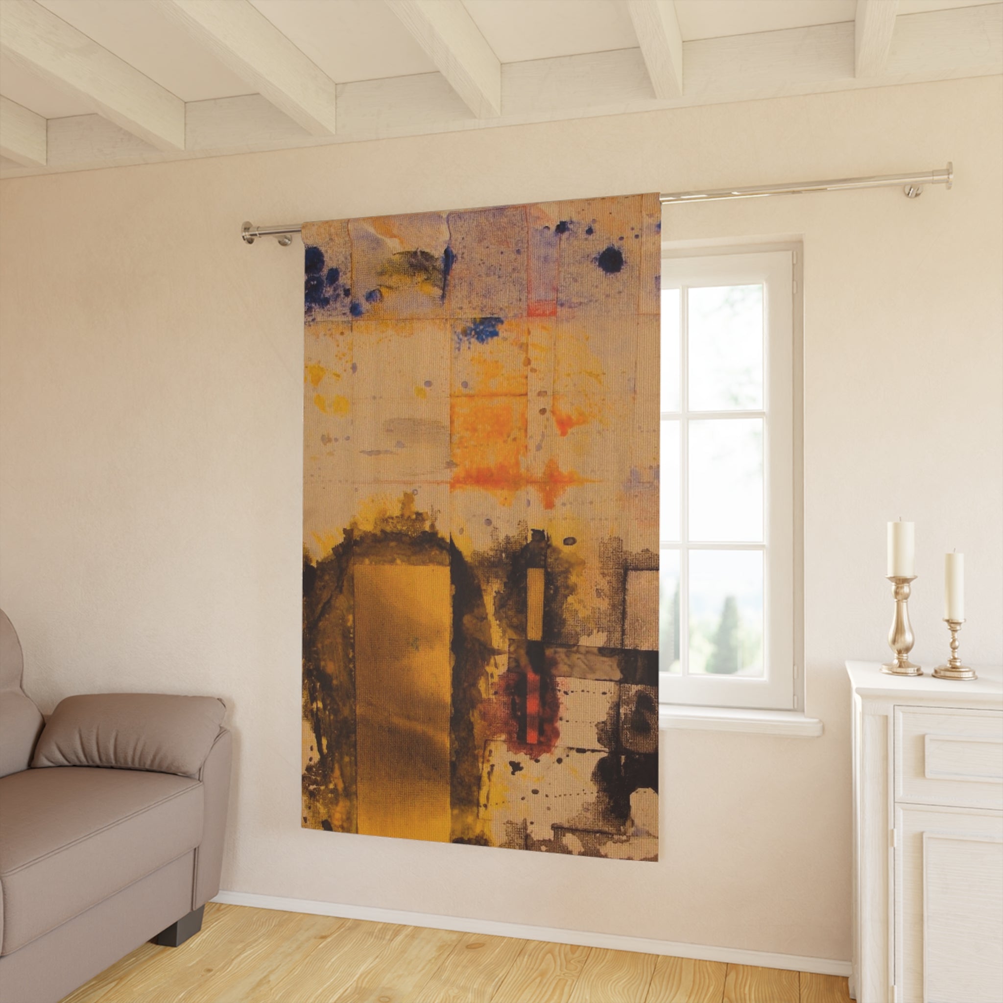 "Dance in the Rain" Abstract Gold & Ochre Window Curtain — Modern Art Panel Drapery