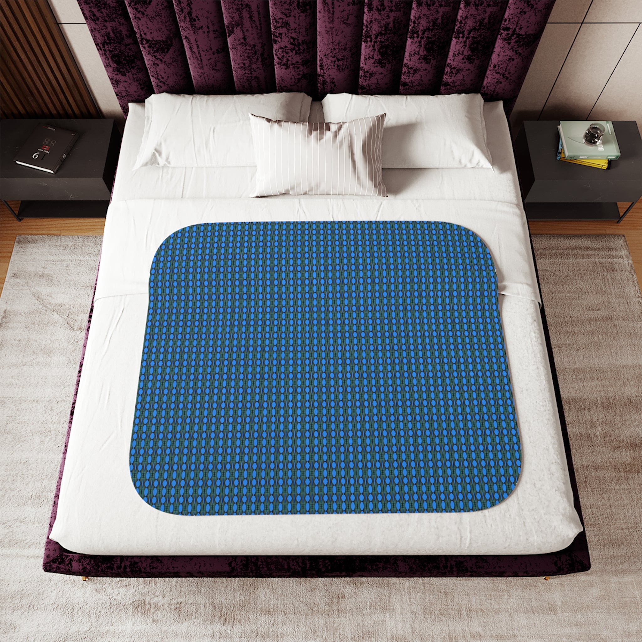"Where Are We Going?" Cozy Reversible Sherpa Blanket — Blue Grid Print with Cream Plush Back