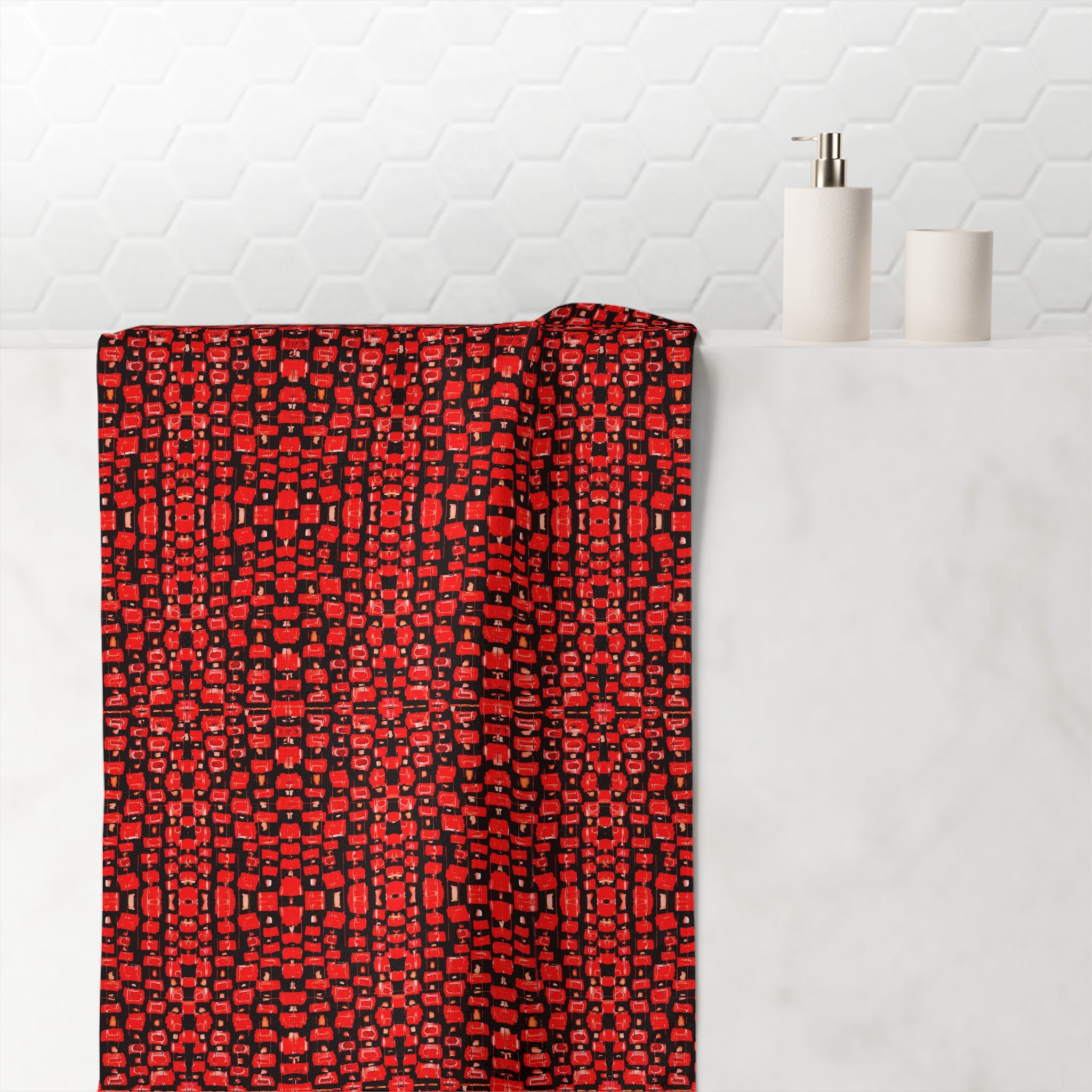 "Japanese Cherry Blossom" Towel — Red Geometric Mosaic Pattern