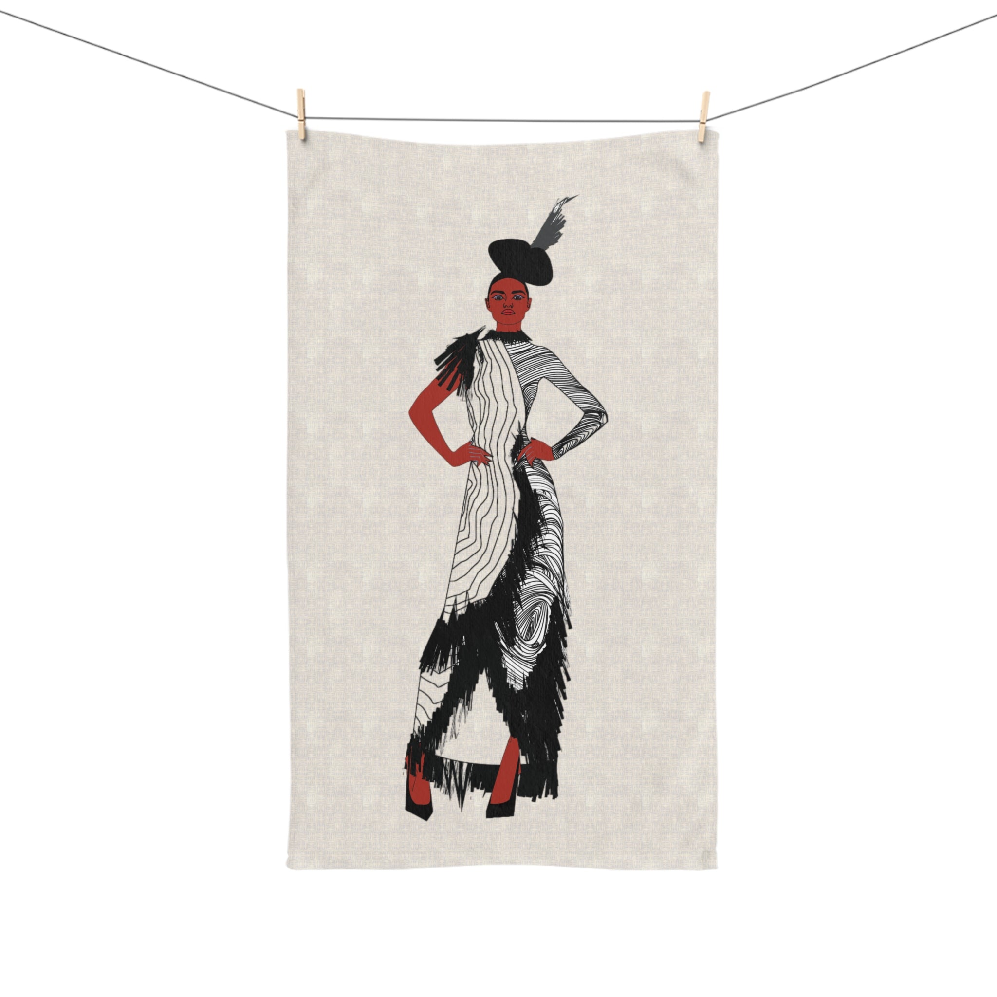 "Fierce Honey" Fashion Illustration Hand Towel – Red & Black Avant-Garde Model Design
