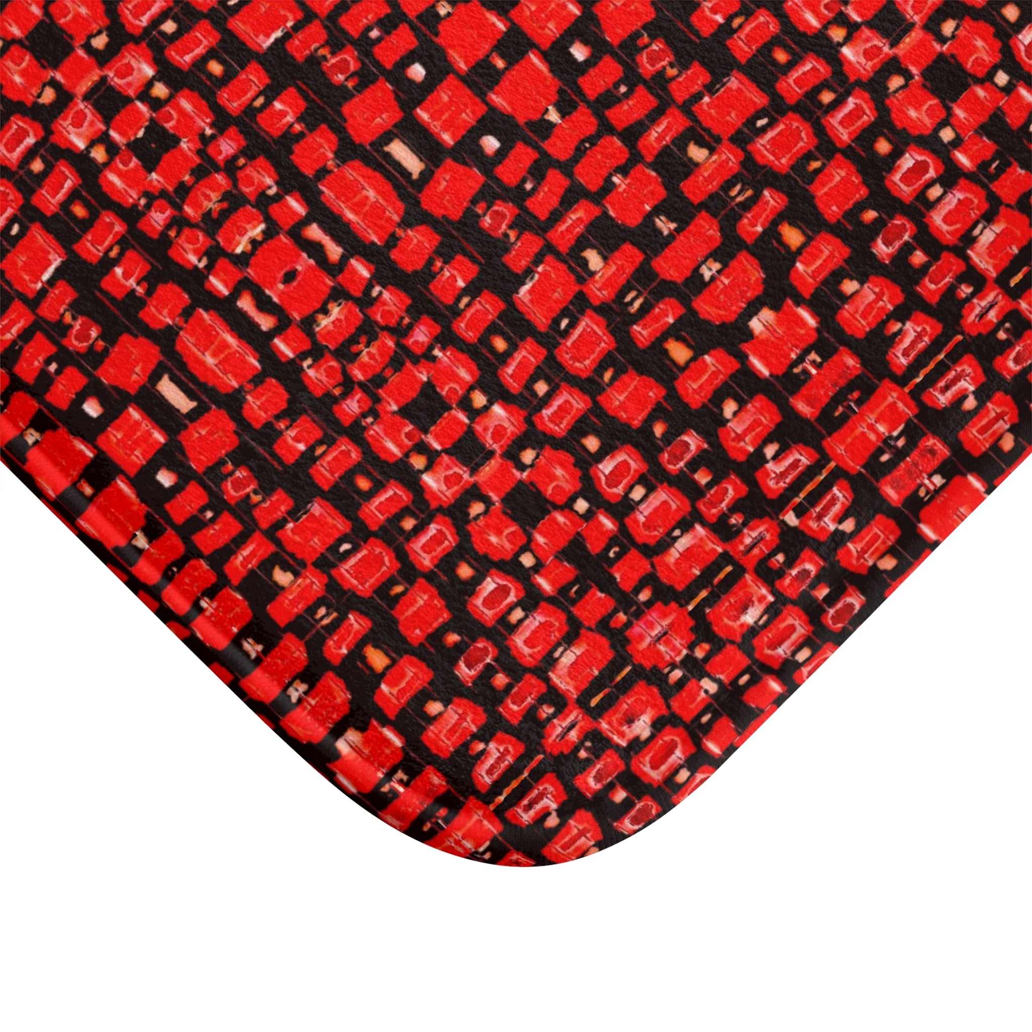 "Japanese Cherry Blossom" Red Mosaic Bath Mat — Modern Geometric Non-Slip Bathroom Rug
