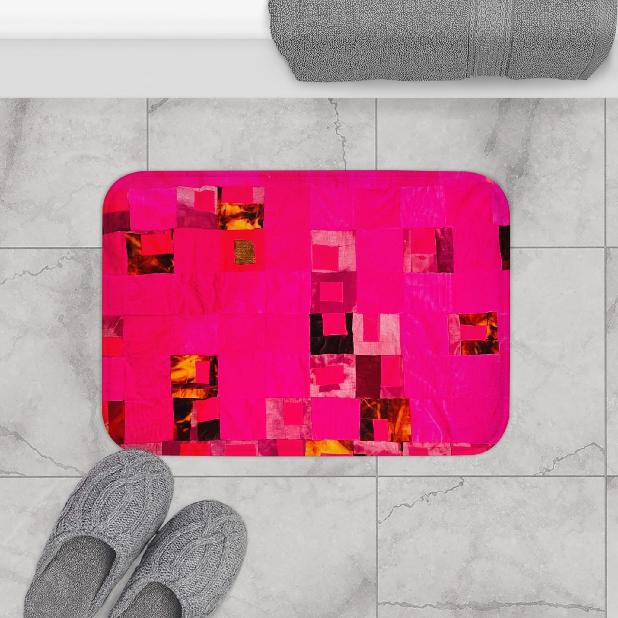 "Lela" Vibrant, Bright Pink Geometric Bath Mat
