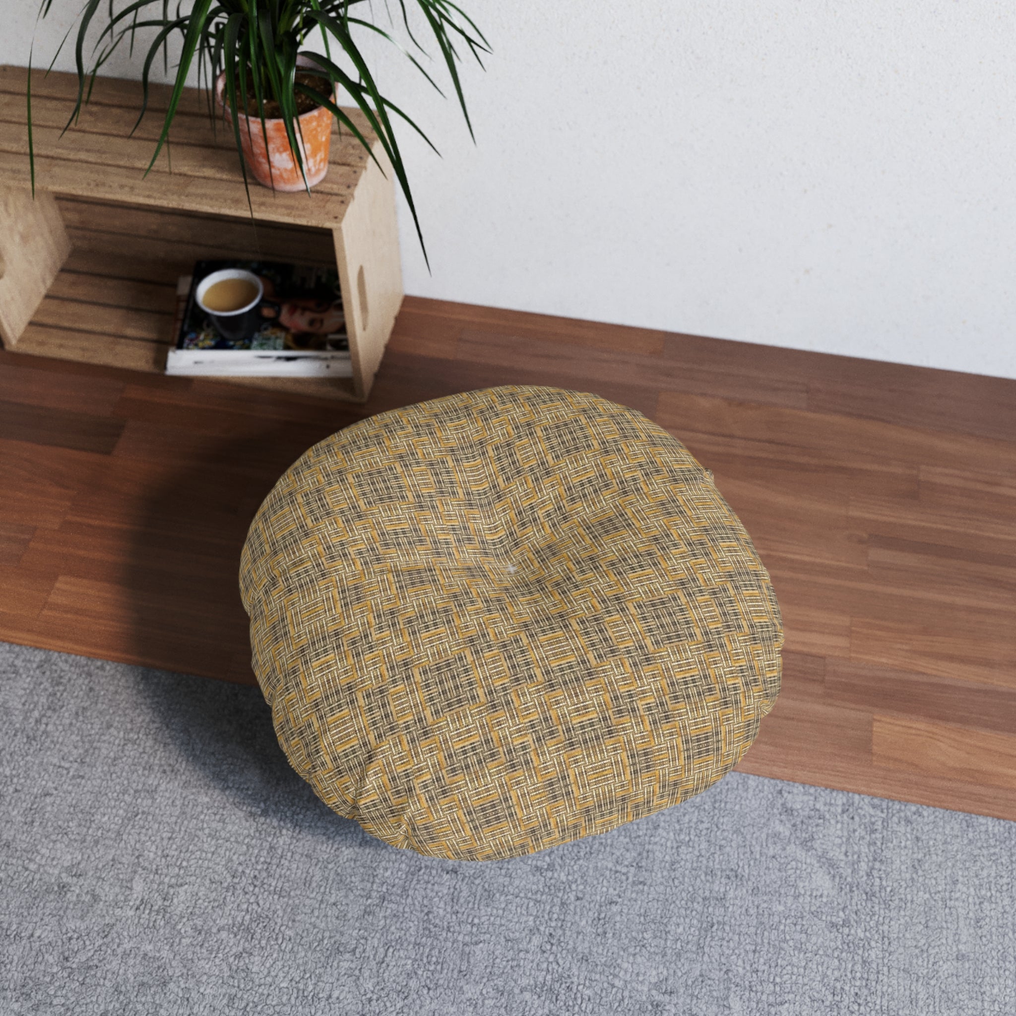 “All Things Fall Apart” Round Tufted Floor Pillow Rustic Plaid Yellow & Brown Boho Cushion