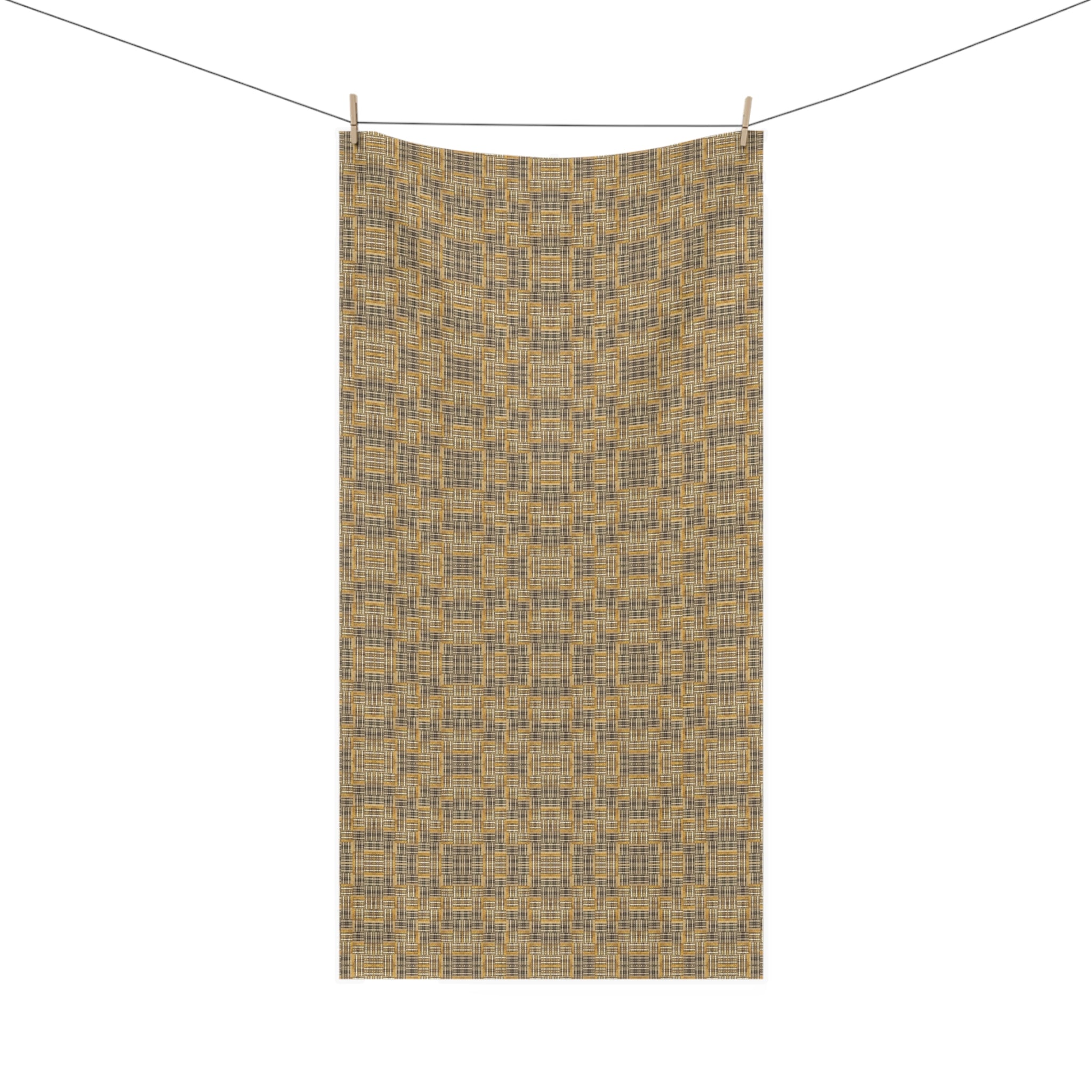 "All Things Fall Apart" Woven Plaid Mink-Cotton Bath Towel — Soft Neutral Check Pattern
