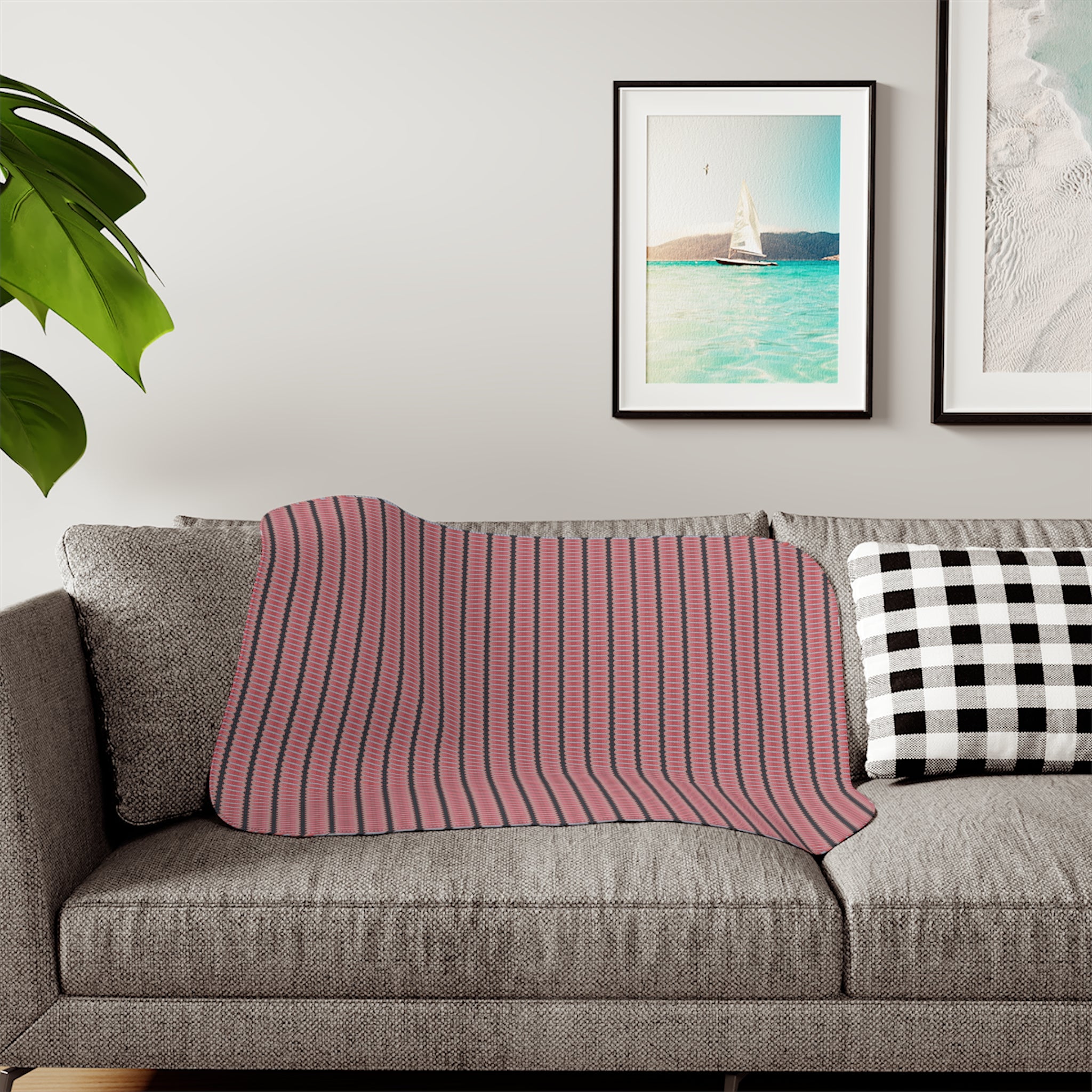 "The Nike of Samothrace" Cozy Striped Sherpa Blanket — Plush Reversible Throw for Home & Travel - Coral, Grey, Red