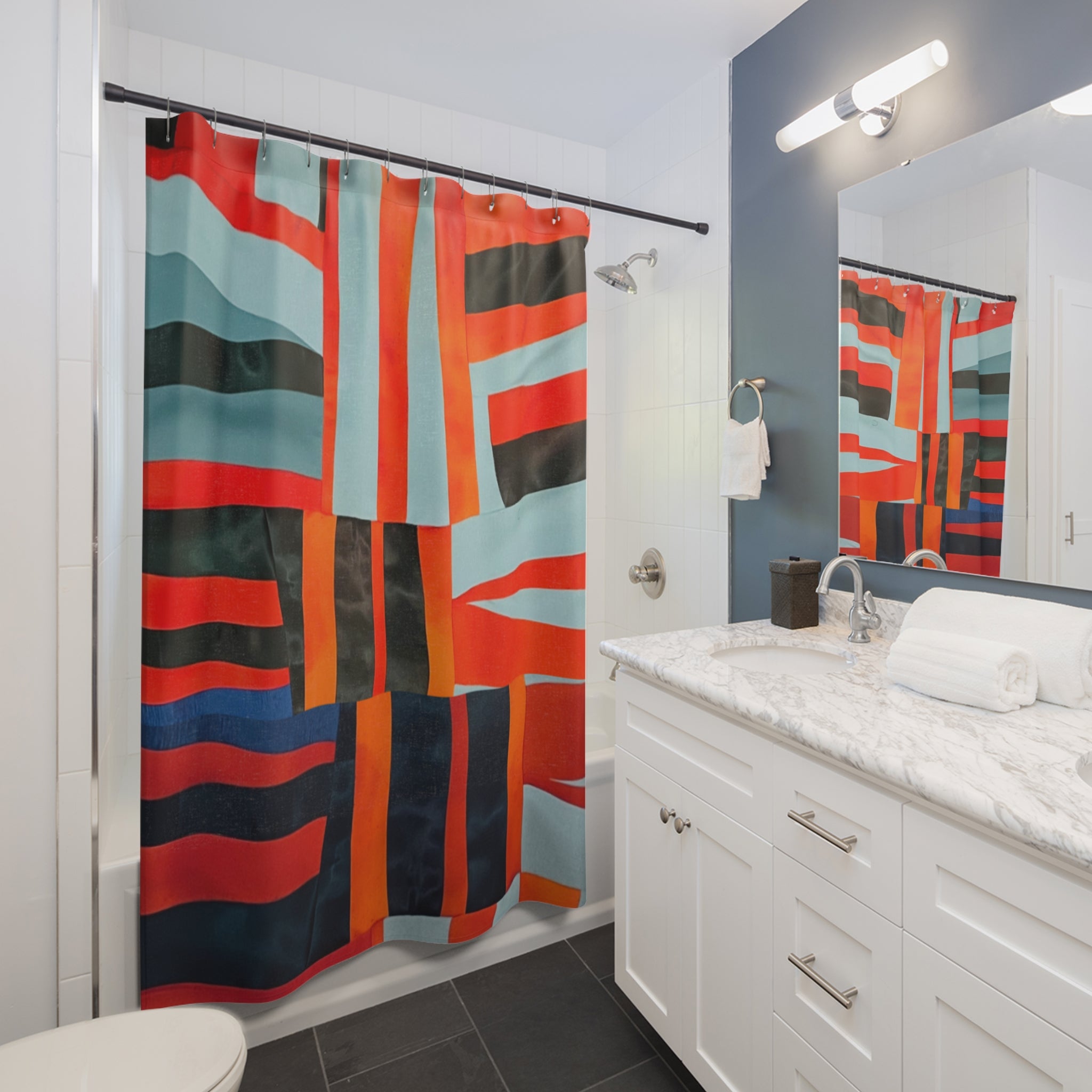 “Samuel” Abstract Geometric Shower Curtain — Bold Red & Teal Modern Bathroom Decor