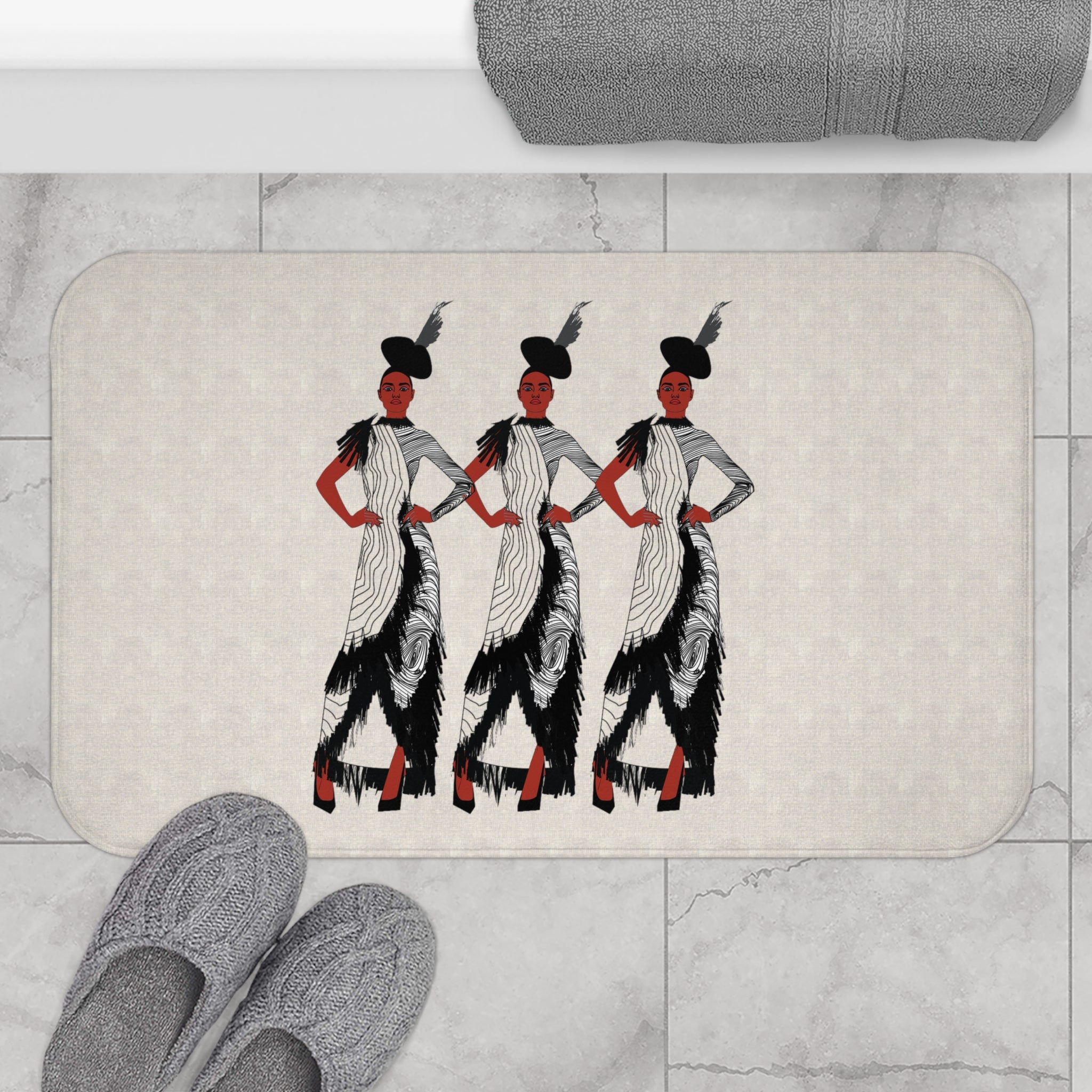 "Fierce Honey" Art Deco Fashion Bath Mat — Triple Silhouette Black & White Statement