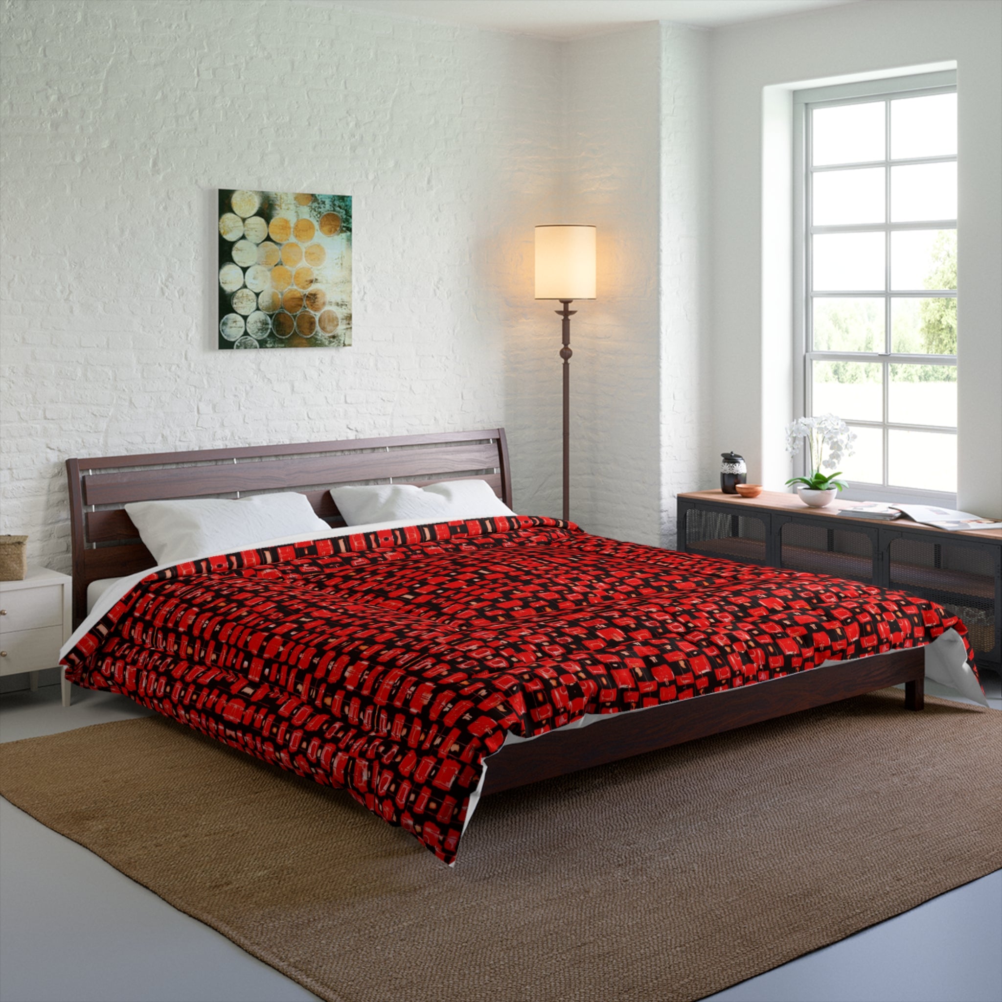 “Japanese Cherry Blossom” Red Mosaic Check Comforter — Modern Geometric Bedspread