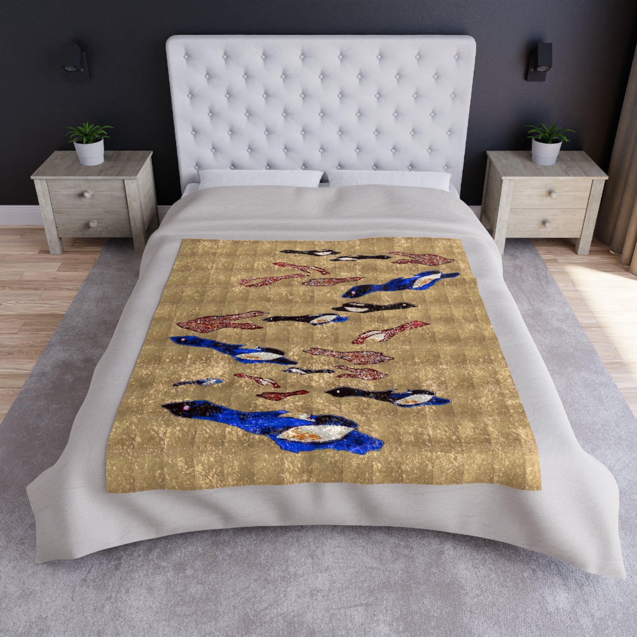 "Fly Me to the Moon"Gold, Brown, and Royal Blue Birds Flying in the Sky Crushed Velvet Blanket