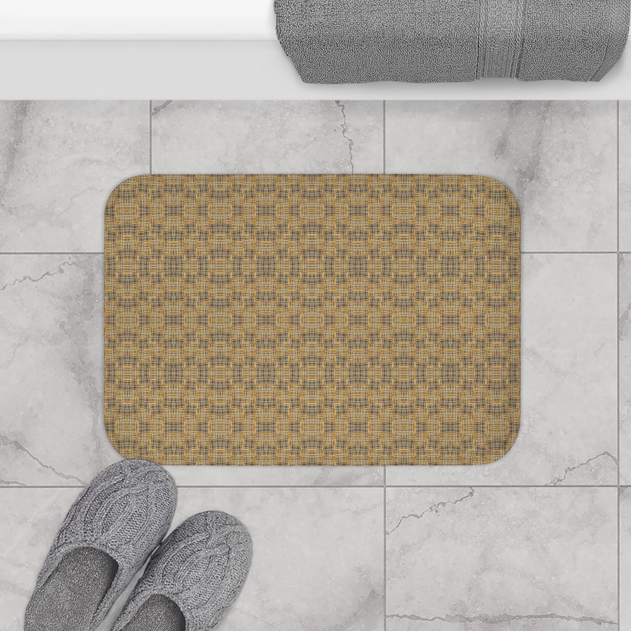 "All Things Fall Apart" Coral Boho Ikat Bath Mat – Vibrant Pink Orange Patterned Bathroom Rug