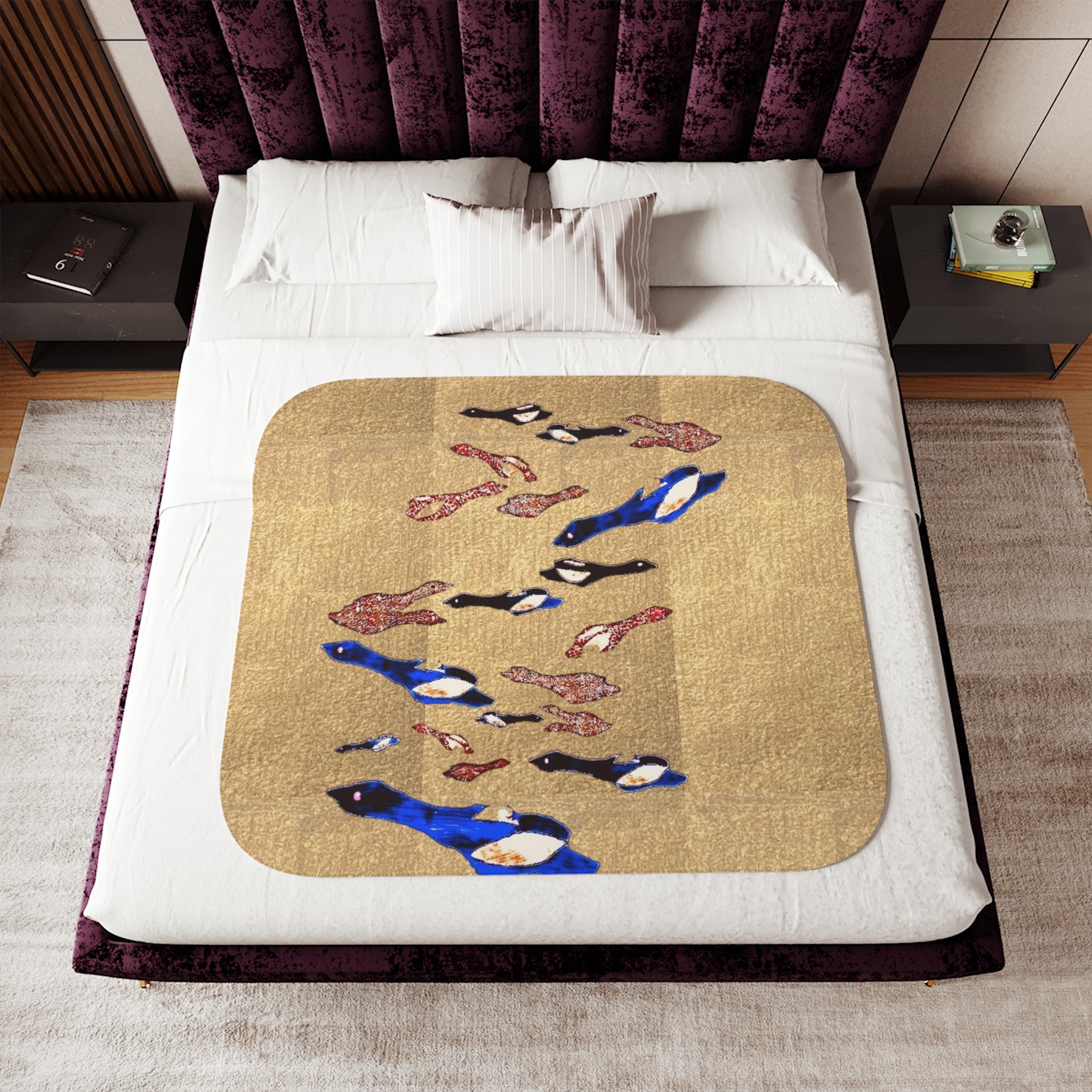 "Fly Me to the Moon" Magpie Flock Sherpa Blanket — Cozy Beige Throw with Blue Bird Motif