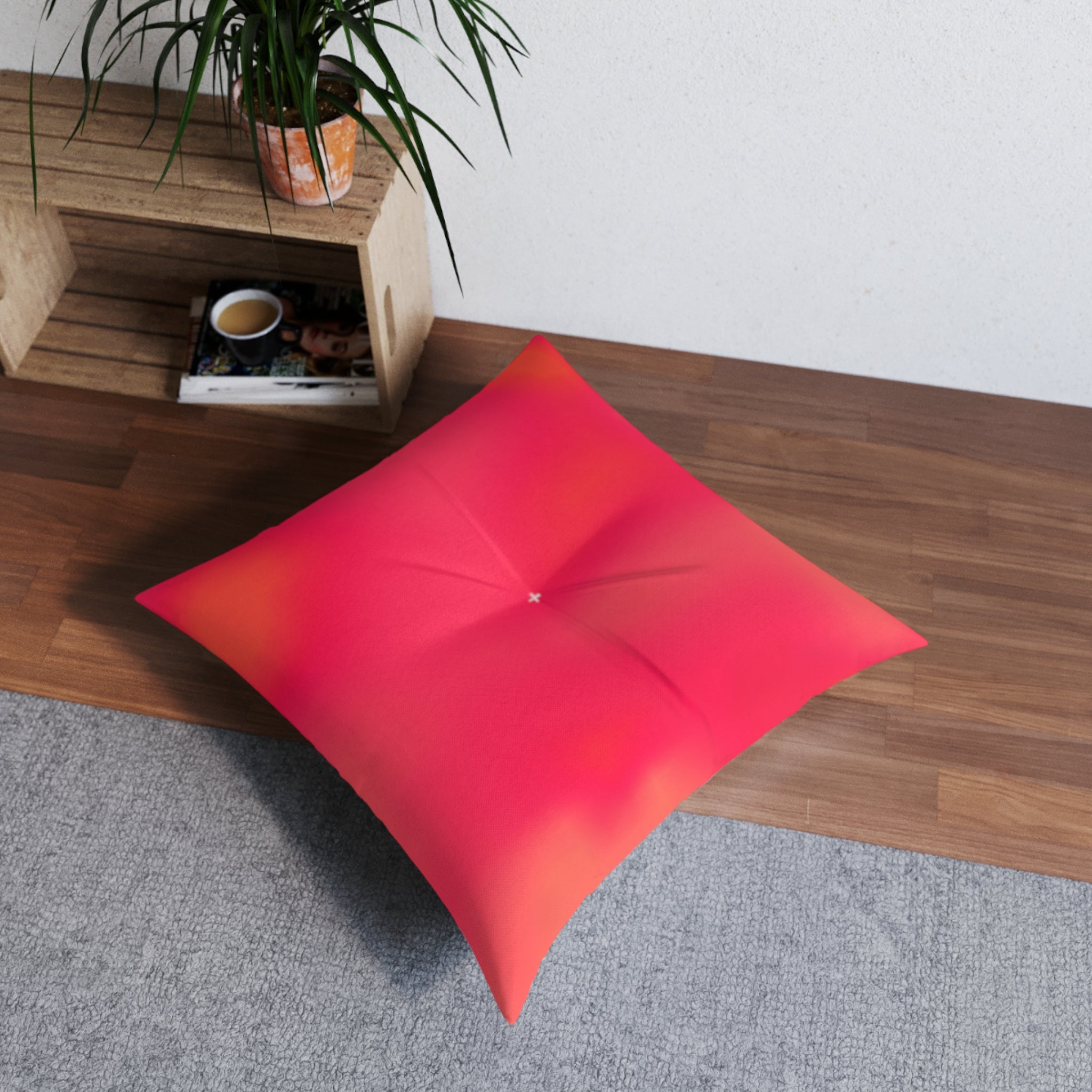 "The Skies Will Break For You, My Friend" Pink, Yellow, Watercolor Sherbet Tufted Floor Pillow — Gradient Coral Pink Square Cushion
