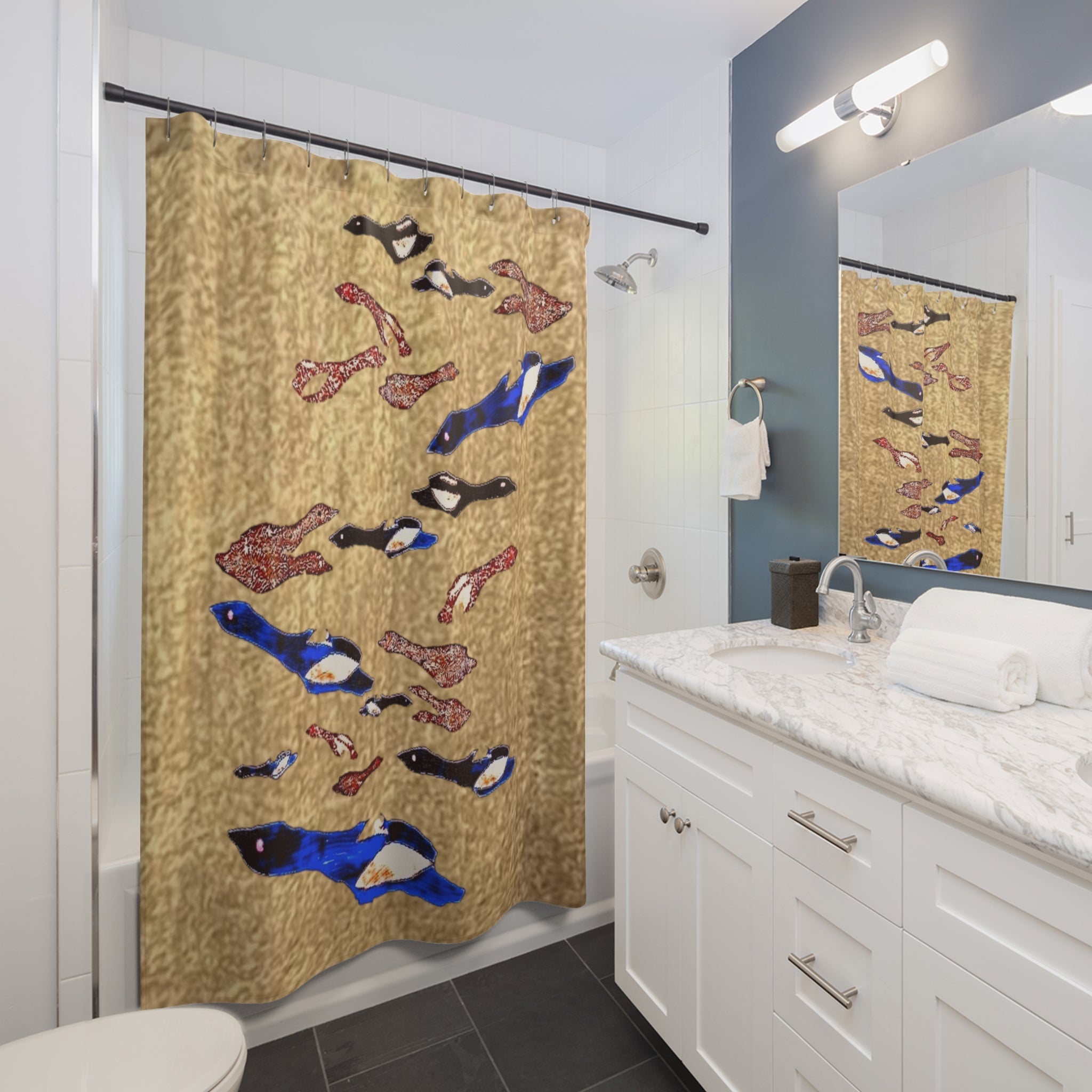 "Fly Me to the Moon" Gold Shower Curtain — Blue & Copper Nautical Bathroom Decor