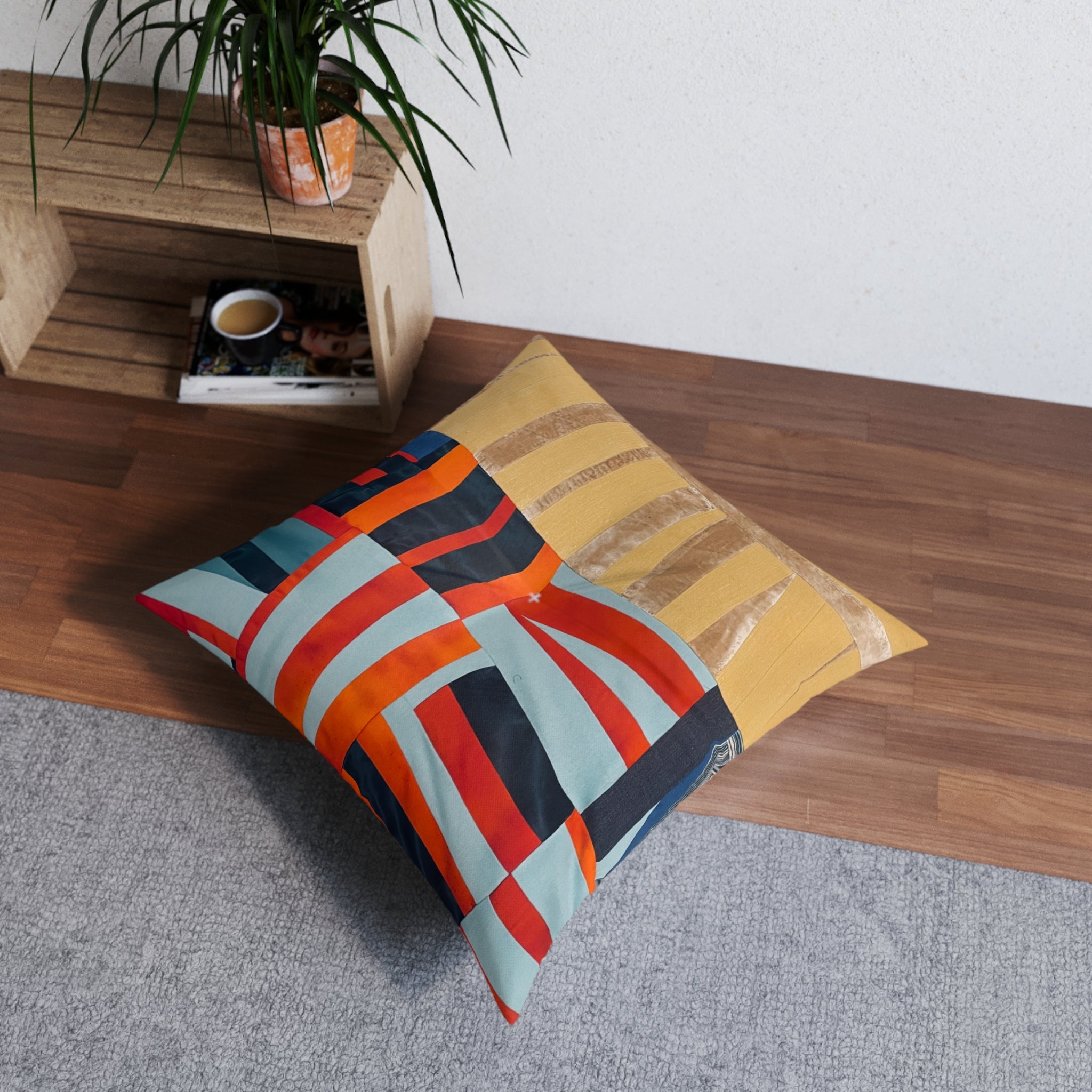 "Hannah and Samuel" Abstract Patchwork Floor Pillow — Geometric Tufted Square Cushion