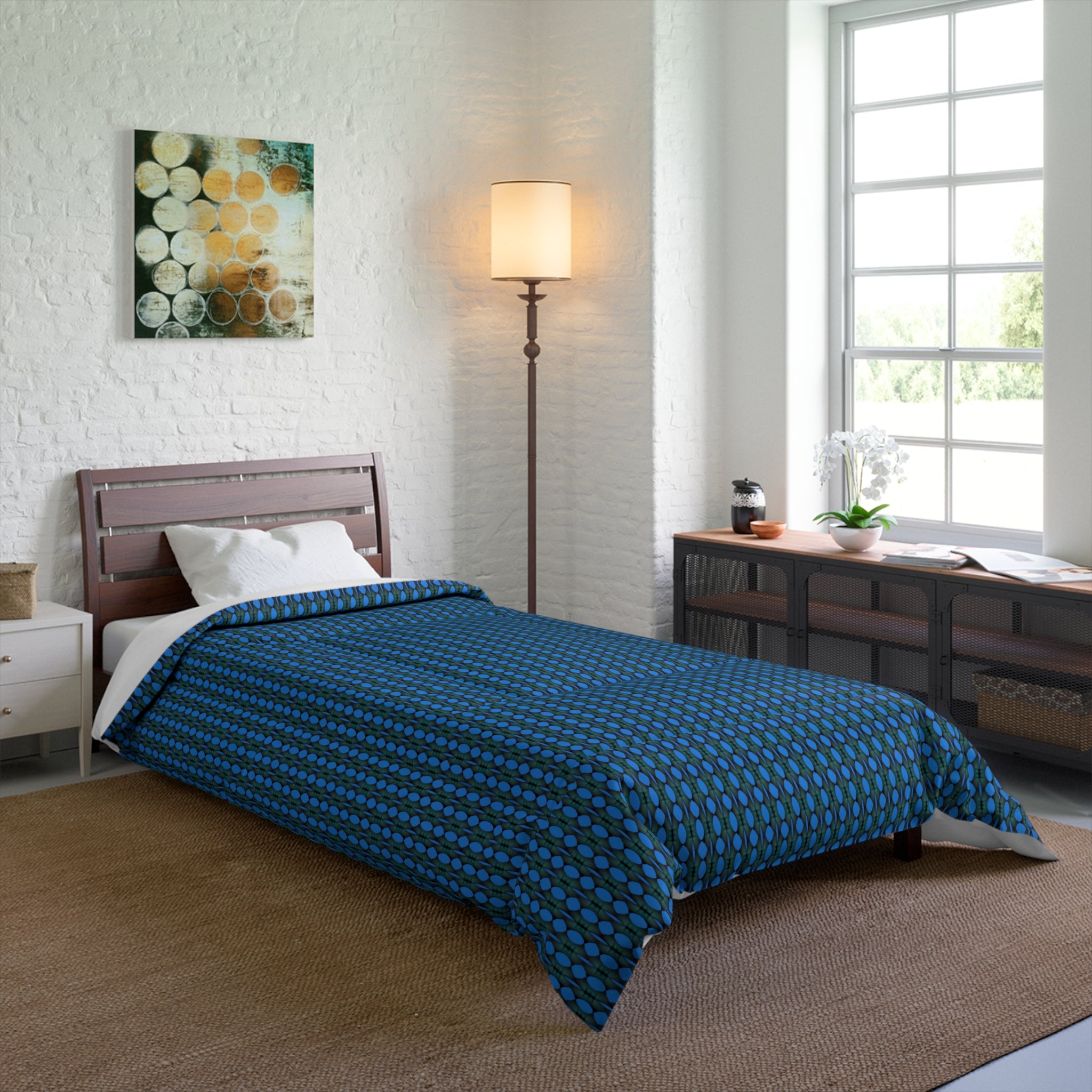 "Where Are We Going?" Blue Geometric Comforter — Modern Dot Pattern Bedding for Teen & Adult Bedrooms
