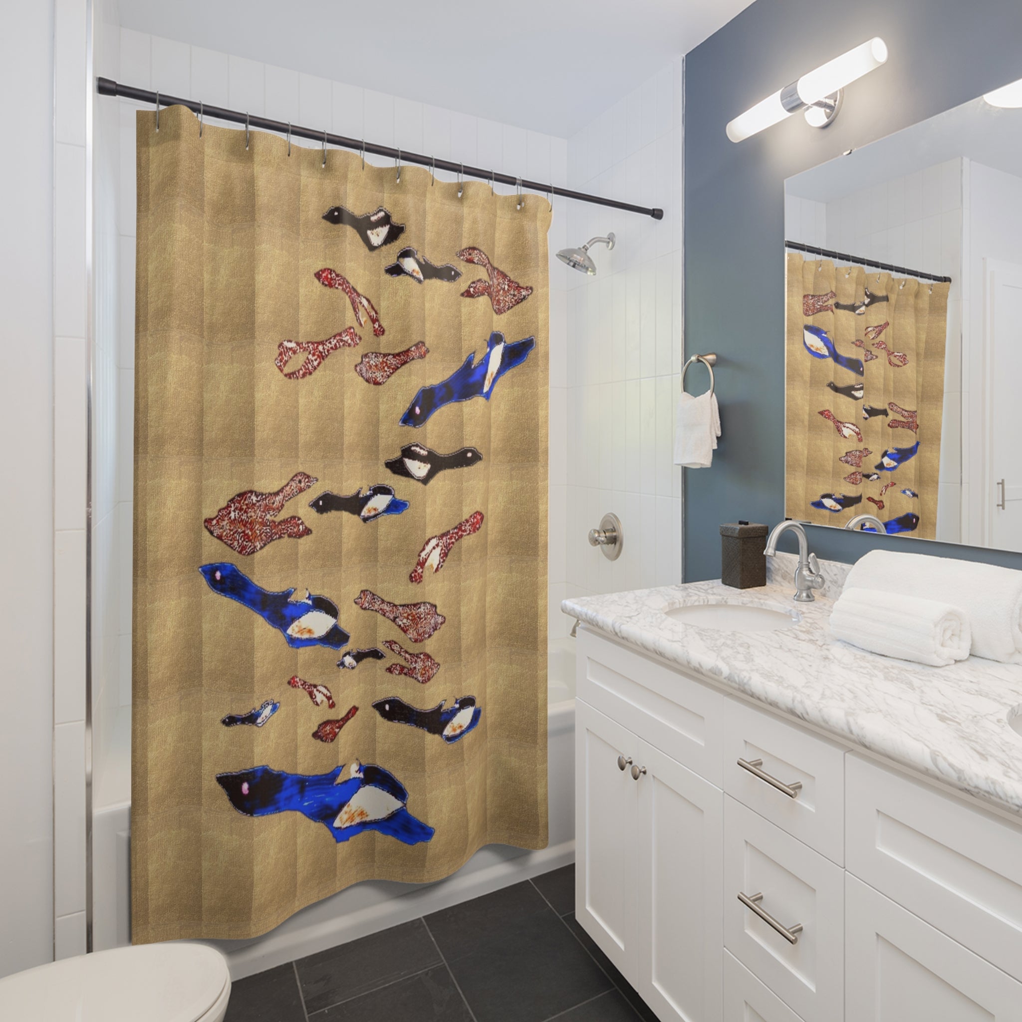 "Fly Me to the Moon" Gold Shower Curtain — Blue & Copper Nautical Bathroom Decor