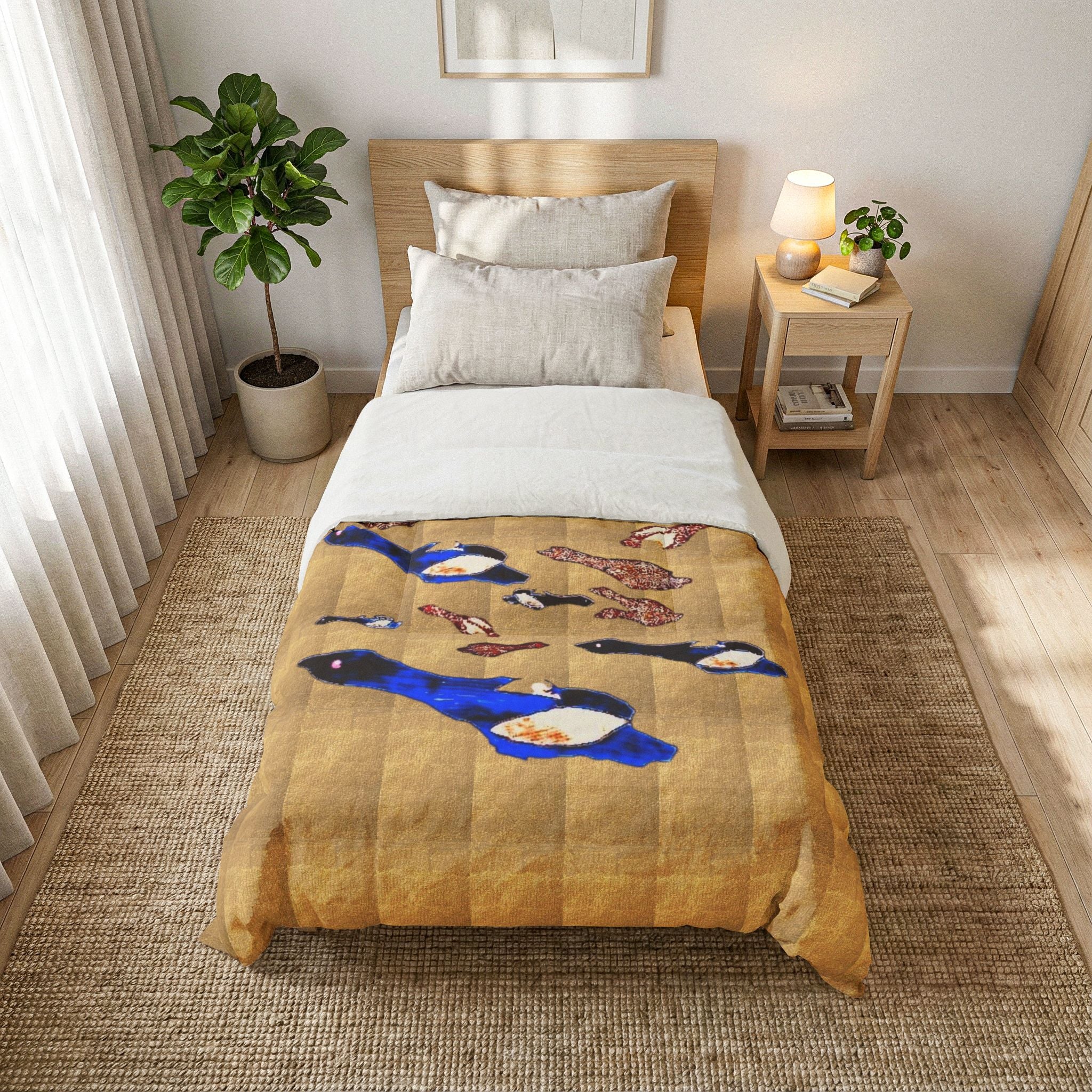 "Fly Me to the Moon" Bird Flock Cotton Comforter – Vintage Gold Blue Waterfowl Throw