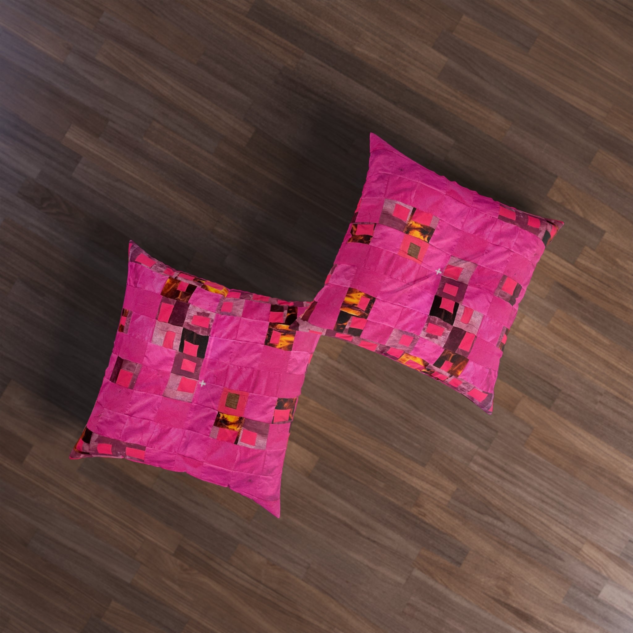 "Lela" Square Tufted Floor Pillow — Vibrant Pink Patchwork Accent Cushion