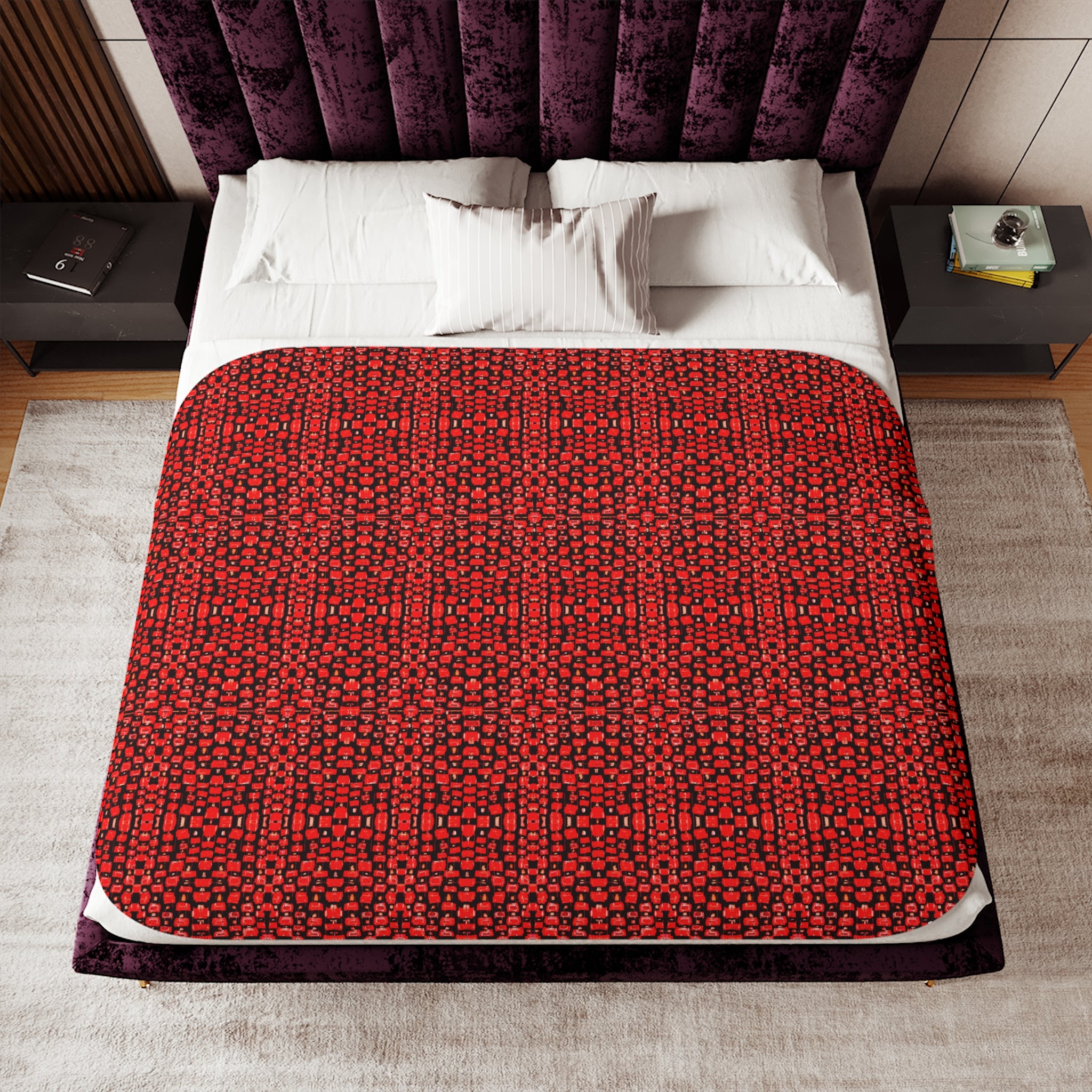 "Japanese Cherry Blossom" Cozy Red Knit Sherpa Blanket – Reversible Plush Throw for Home & Holiday Gifting