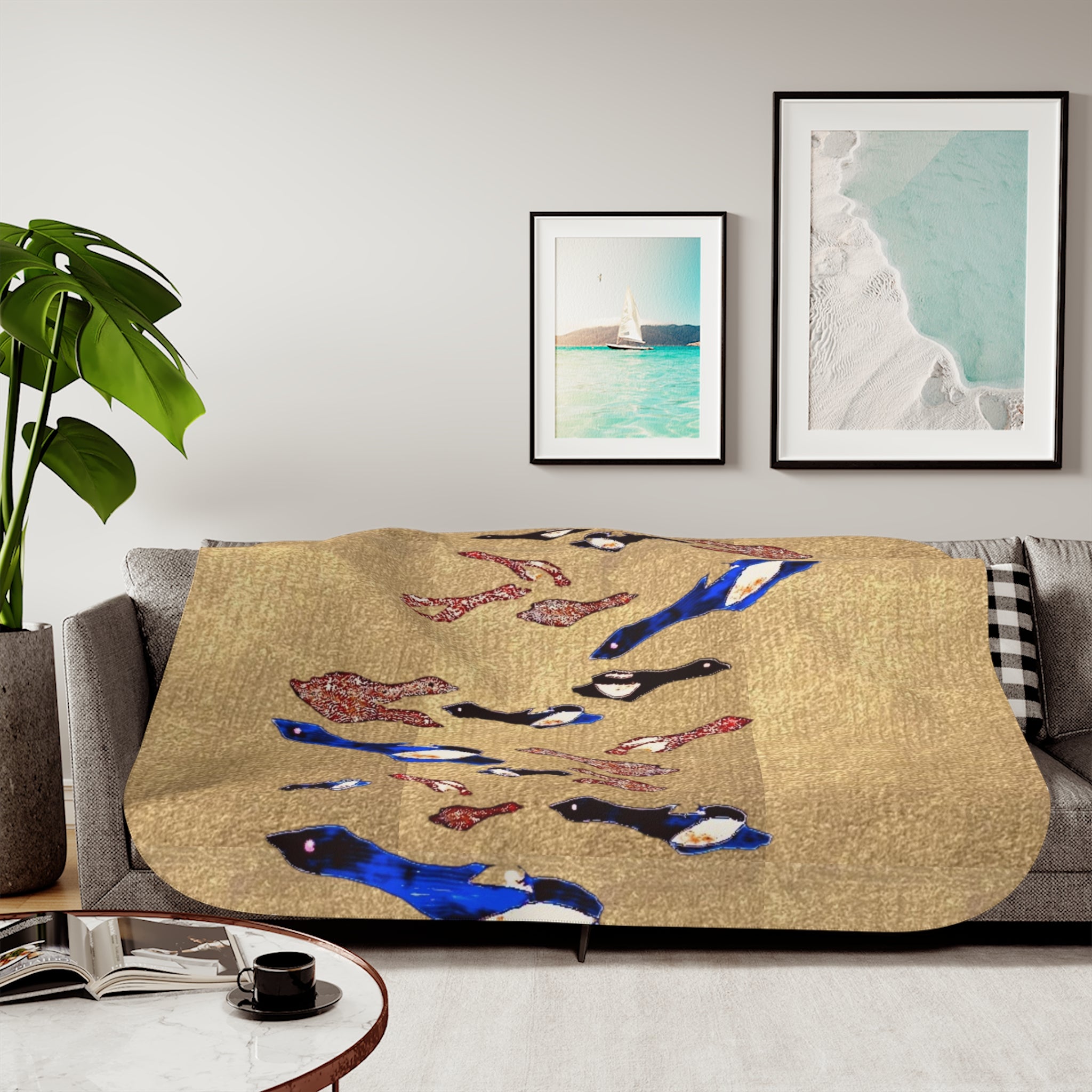 "Fly Me to the Moon" Magpie Flock Sherpa Blanket — Cozy Beige Throw with Blue Bird Motif