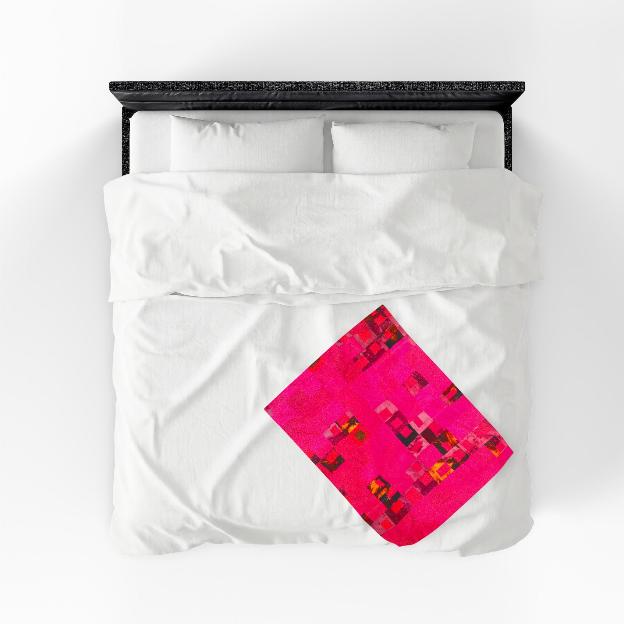 "Lela Lela" Block Quilt Pattern Plush Blanket - Vibrant Pink Abstract Patchwork Velveteen Throw