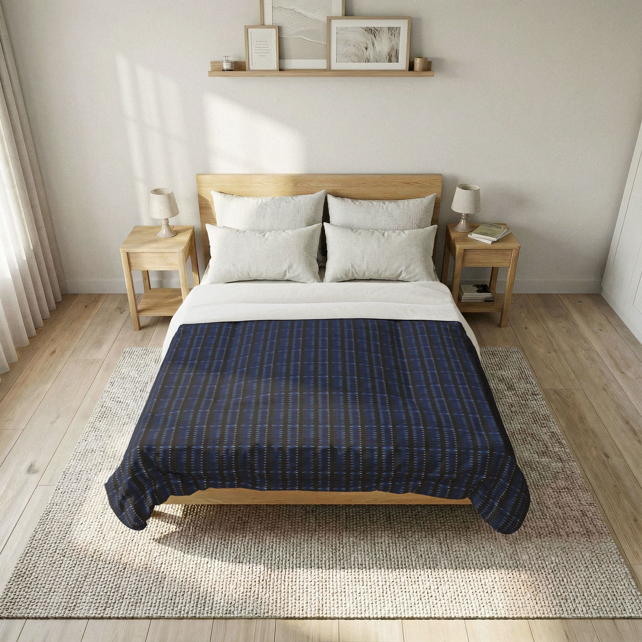 "Mississippi Midnight: Lovely Banjo Blues" Navy Plaid Cotton Comforter - Lightweight Bed Blanket