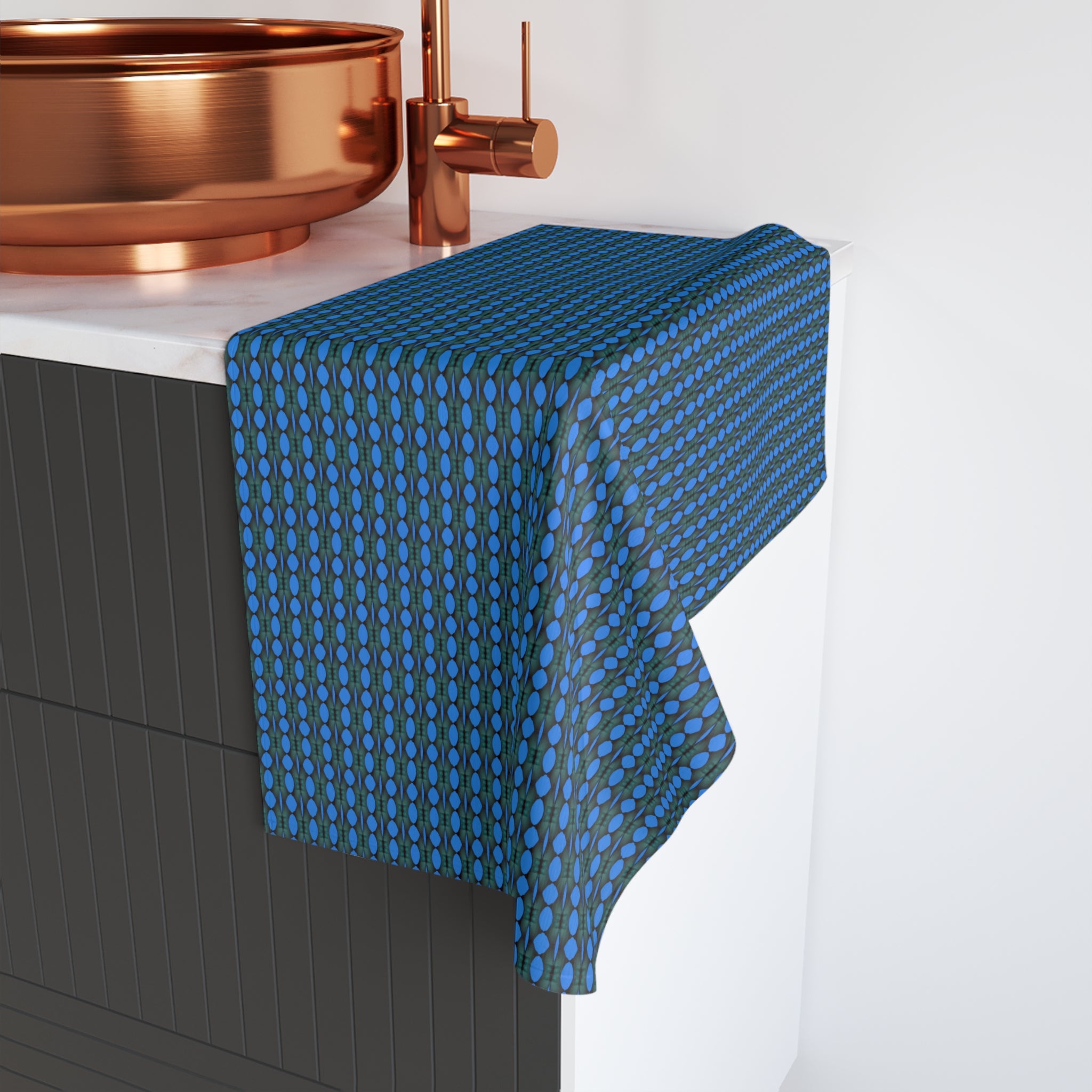 "Where Are We Going?" Blue Geometric Dot Hand Towel — Modern Kitchen & Bath Accent