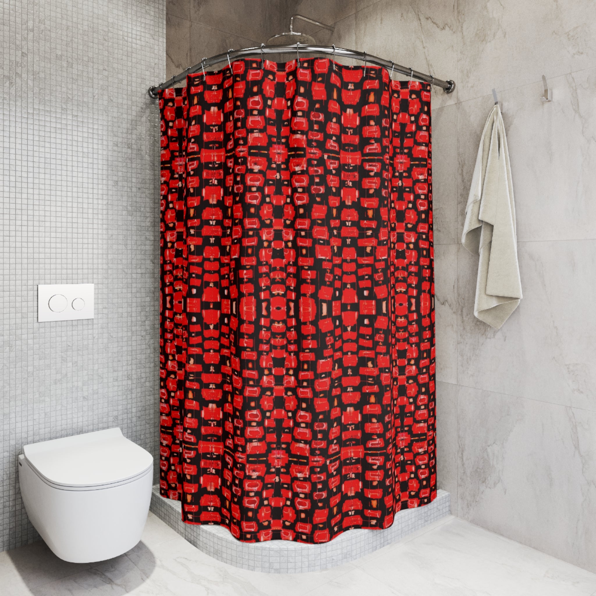 "Japanese Cherry Blossom" Red Geometric Pattern Shower Curtain – Bold Black & Red Bathroom Decor