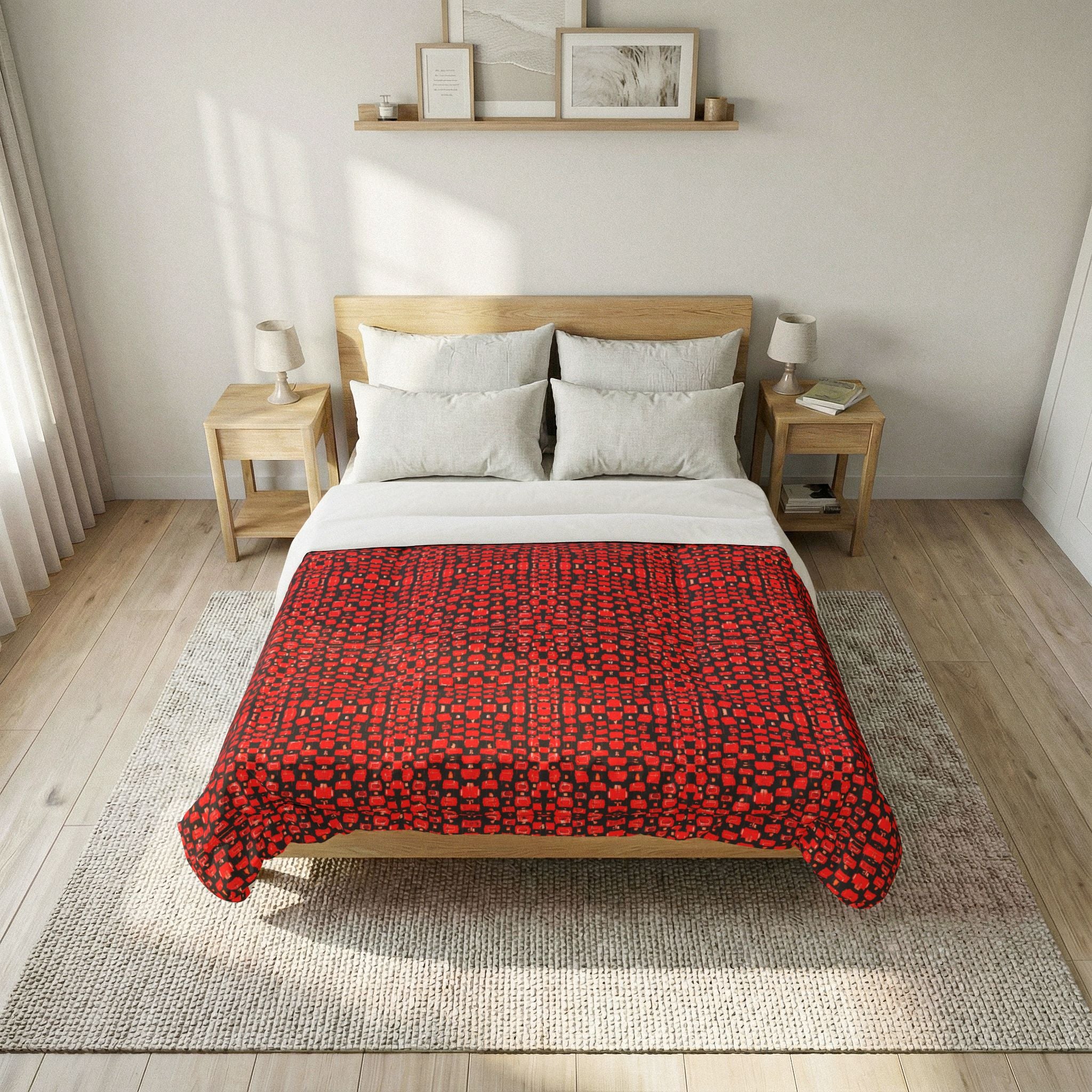 "Japanese Cherry Blossom" Red Dotted Quilt Coverlet — Cozy Geometric Cotton Comforter