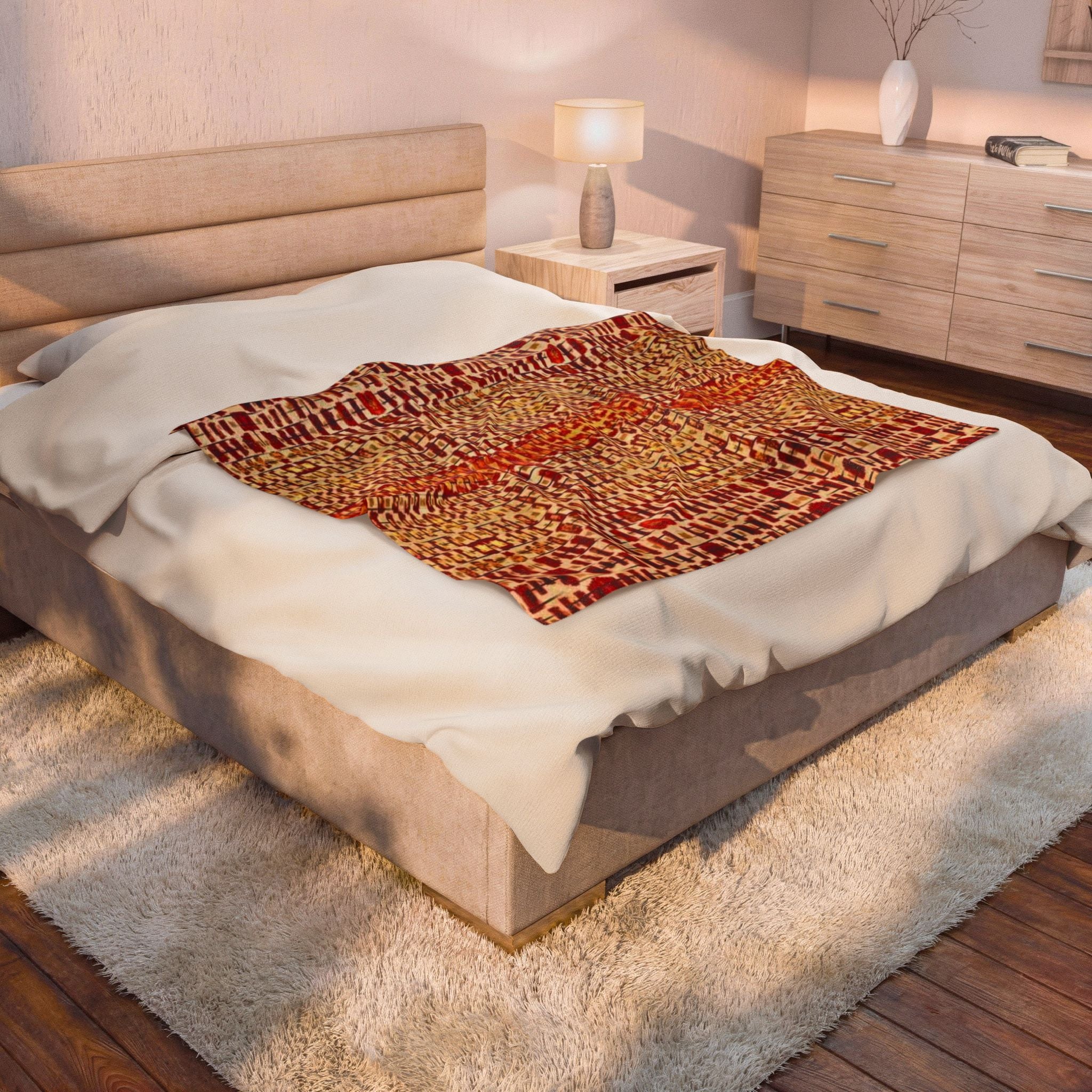 "Queen Mother" Gold and Bronze Velveteen Plush Blanket — Autumn Regal Stripe Throw