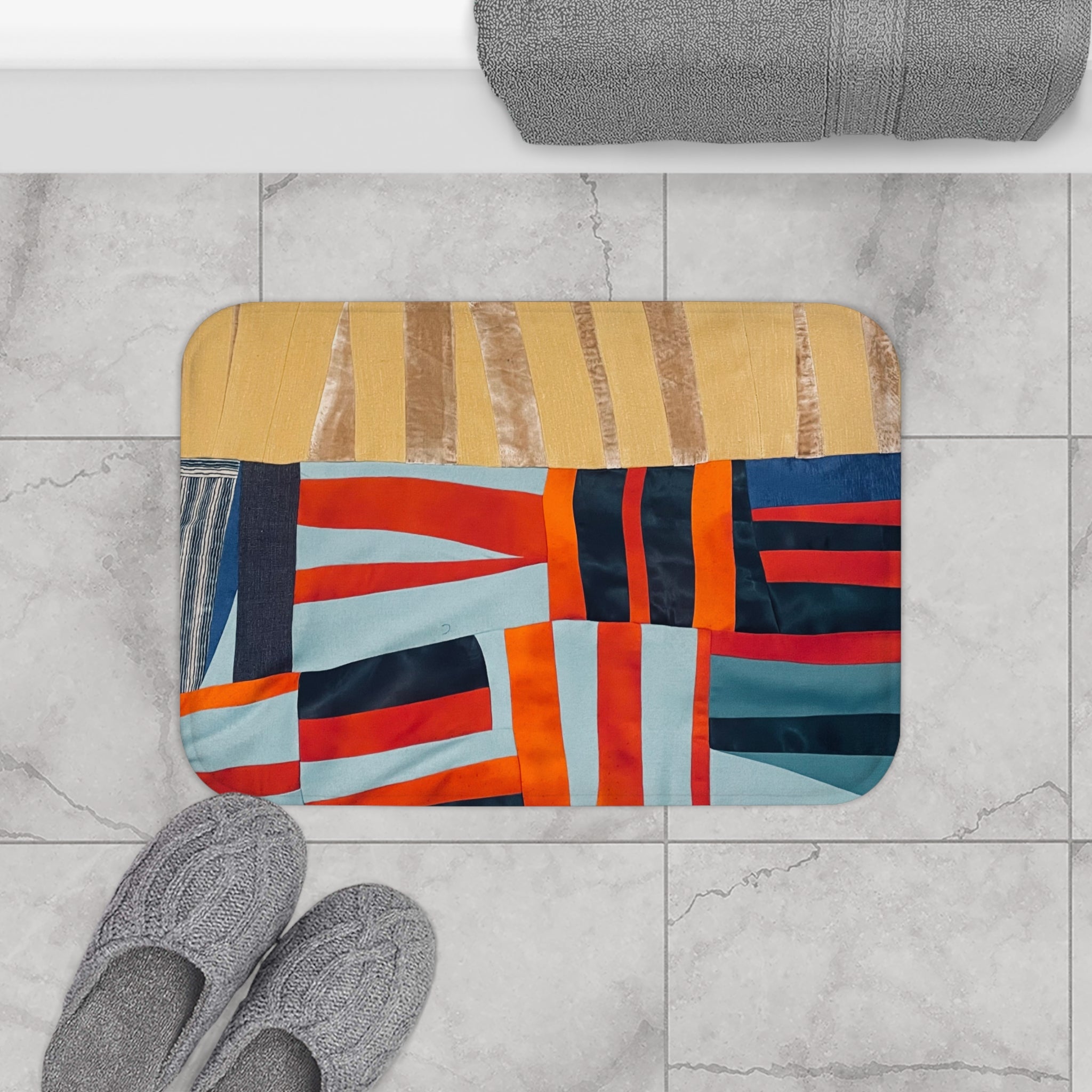 "Hannah and Samuel" Abstract Geometric Bath Mat – Bold Midcentury Color-Block Bathroom Rug