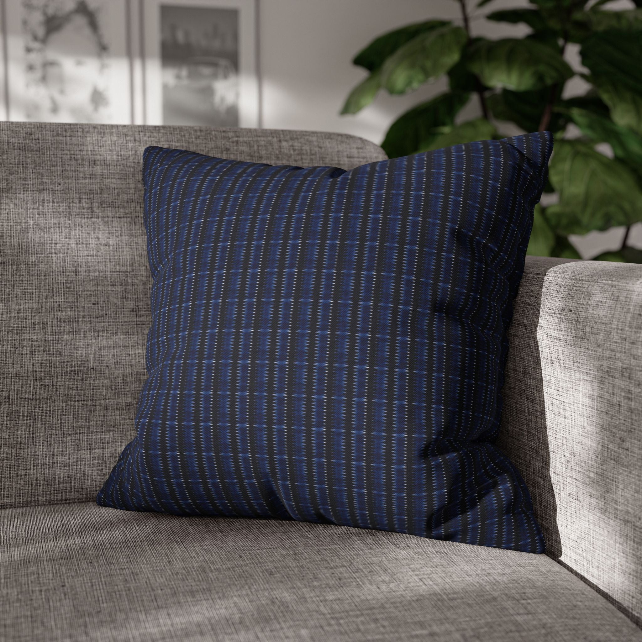 "Mississippi Midnight: Lovely Banjo Blues" Navy Blue and Black Plaid Square Pillowcase — Blue Check Decorative Throw Pillow Cover