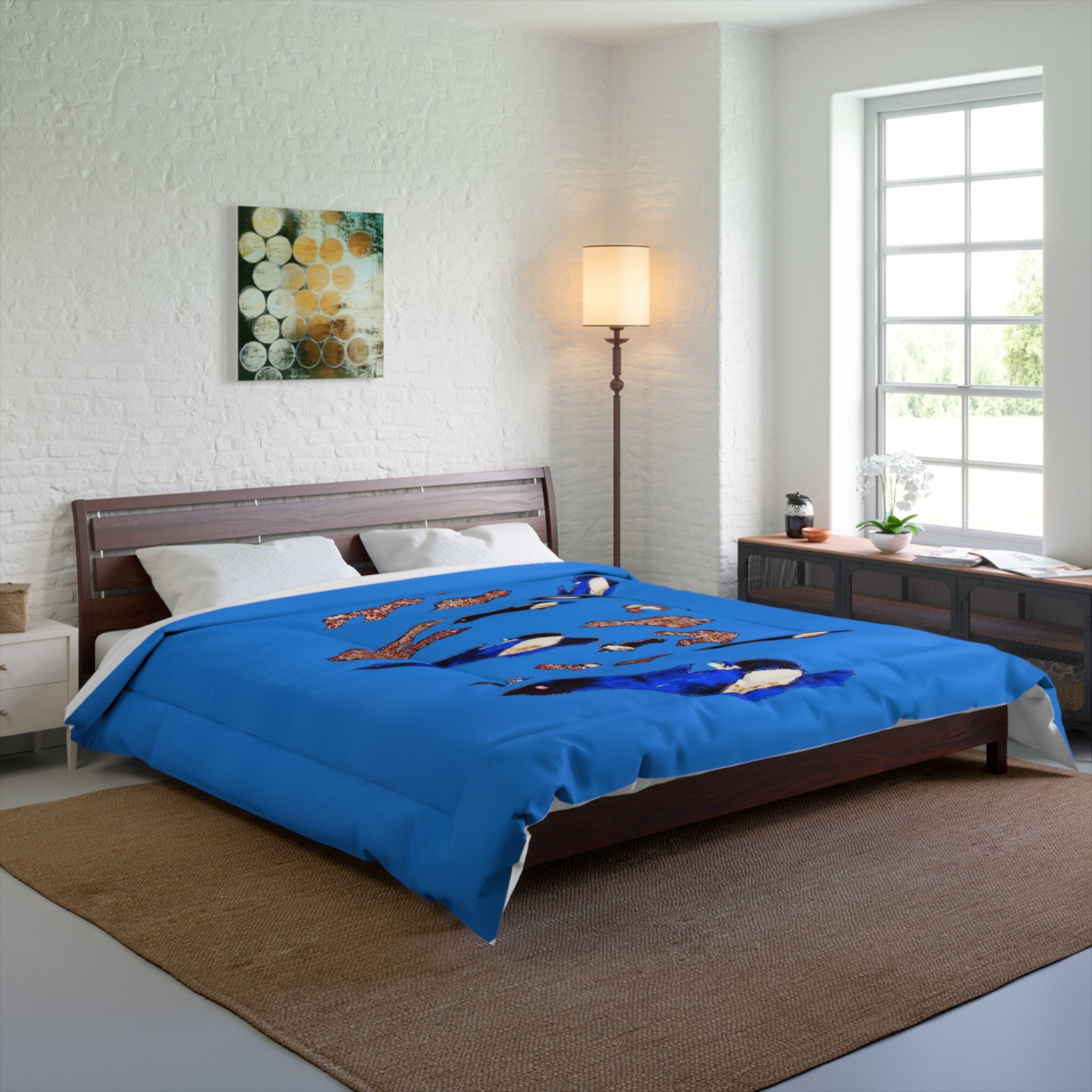 "Fly Me to the Moon" Flock Cerulean Blue Comforter — Playful Arctic Animal Bedding