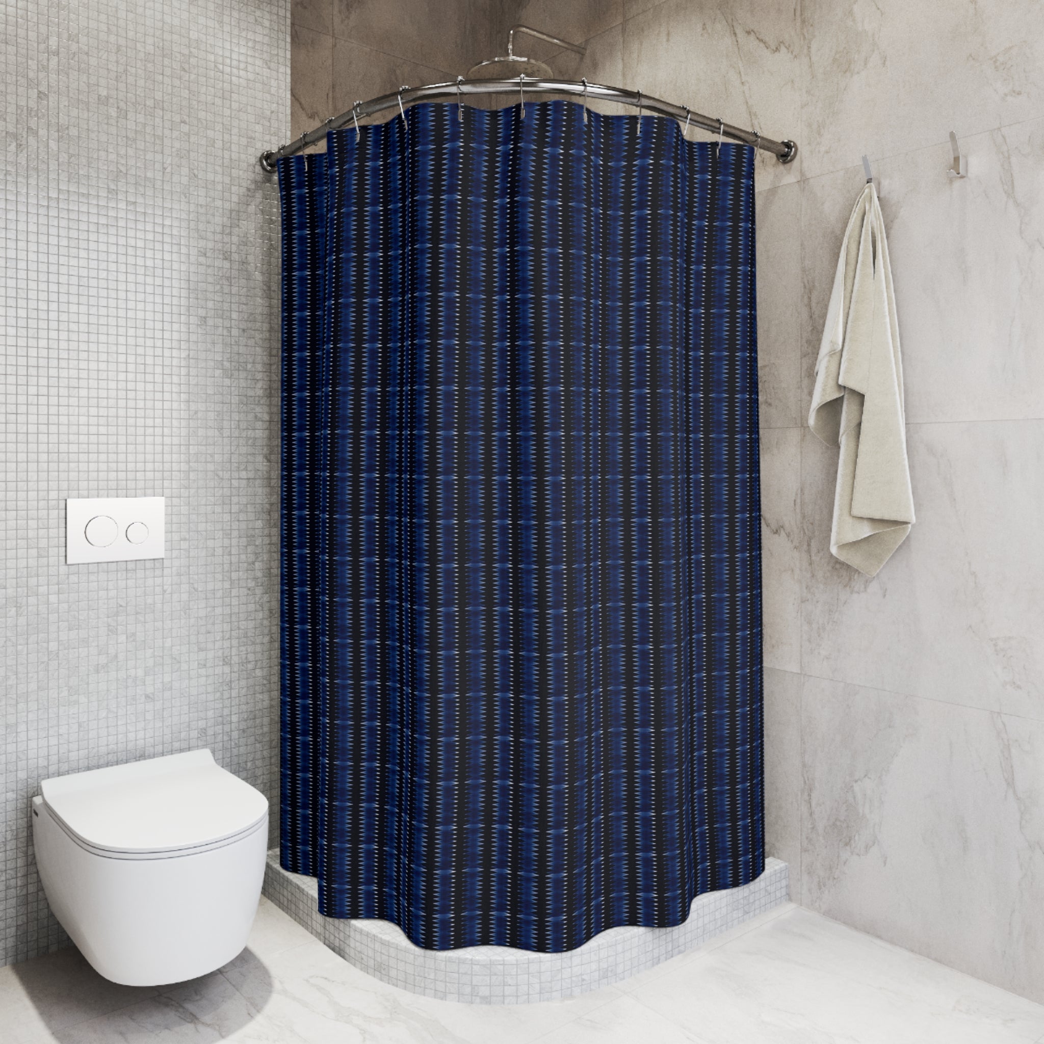 "Mississippi Midnight: Lovely Banjo Blues" Navy Blue Plaid Shower Curtain — Modern Geometric Bathroom Decor