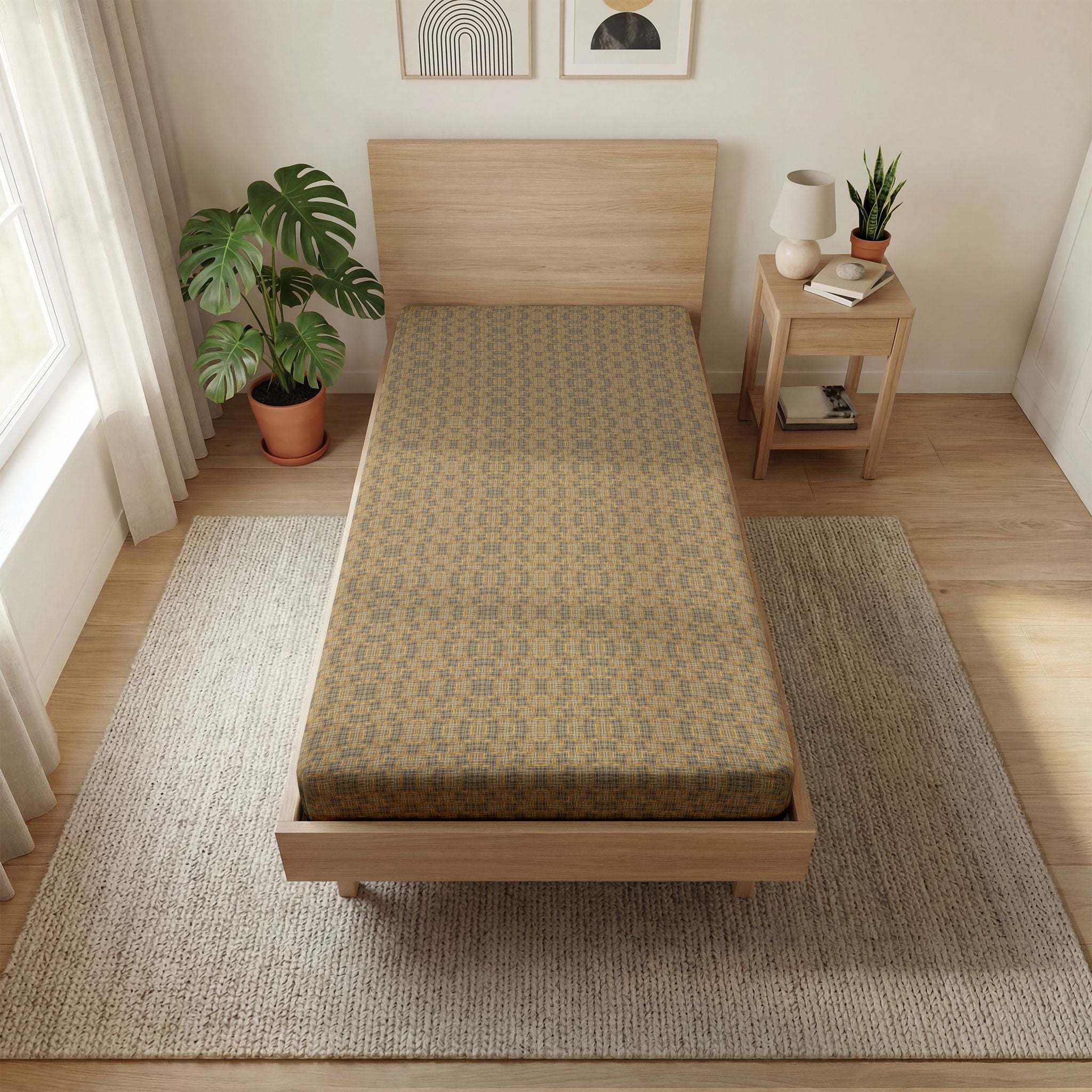 "All Things Fall Apart" Geometric Honeycomb Fitted Sheet — Earthy Tan Patterned Bed Sheet