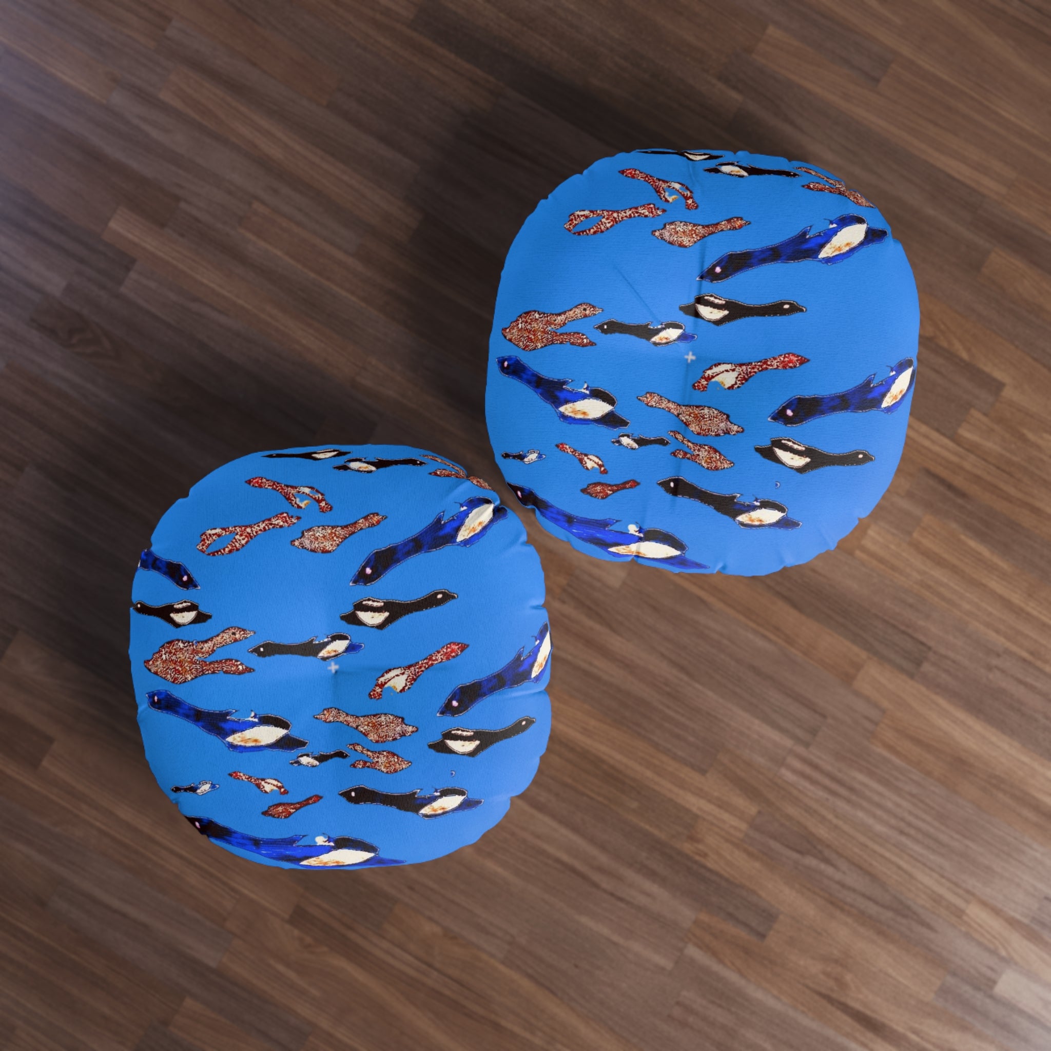 "Fly Me to the Moon" Cerulean Round Tufted Floor Pillow — Blue Birdies In The Sky Flying Pattern
