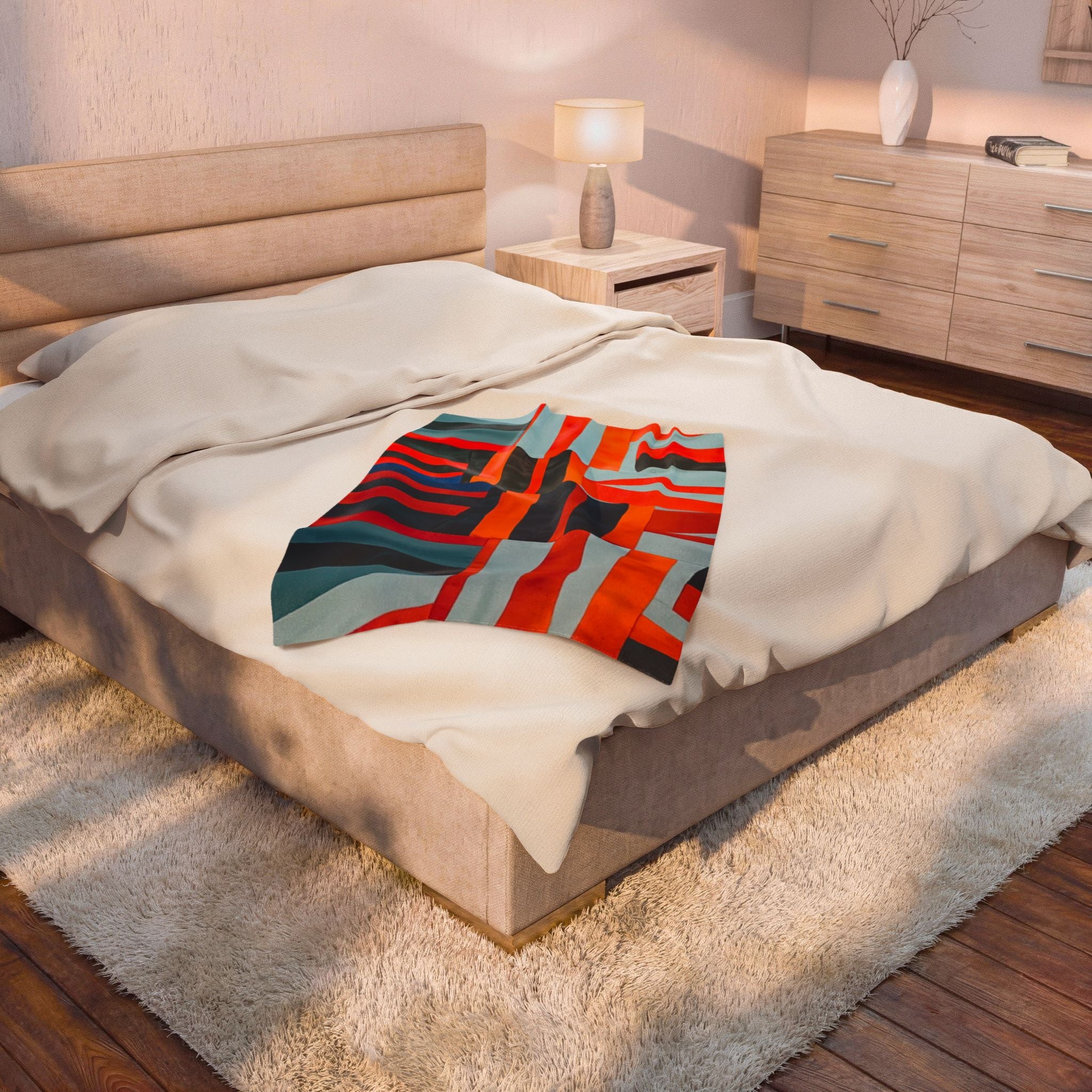 "Samuel" Abstract Geometric Velveteen Plush Blanket – Modern Orange & Blue Throw