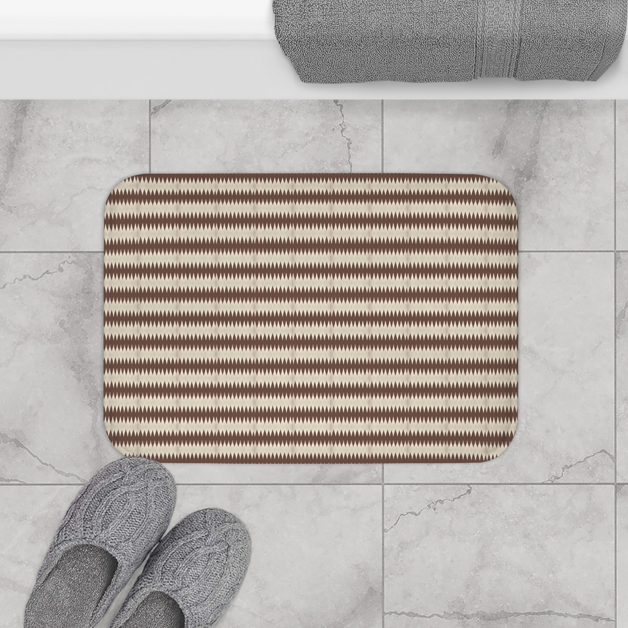 "Mississippi Morning" Brown Ikat Stripe Bath Mat — Boho Tribal Pattern Bathroom Rug