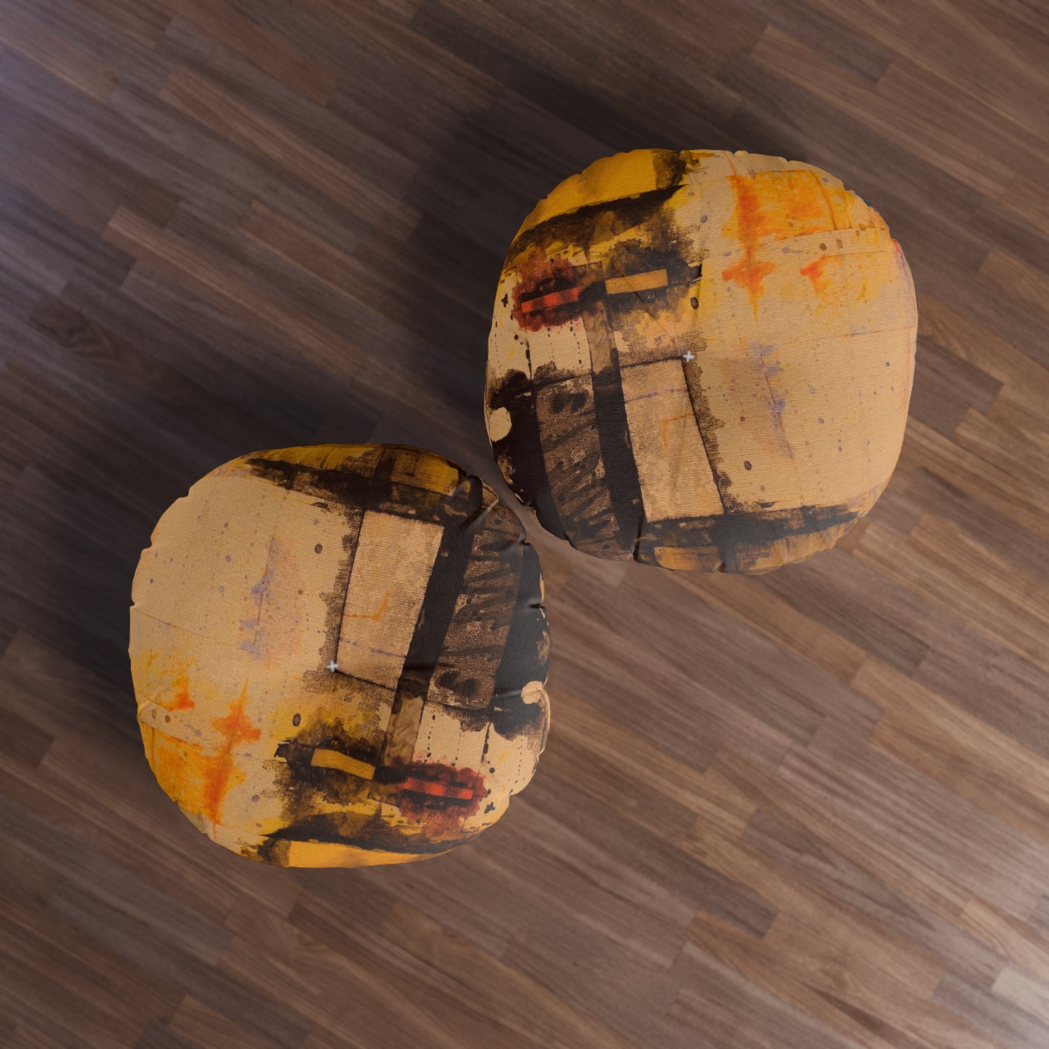 "Dance in the Rain" Abstract Ochre Tufted Floor Pillow — Round Boho Accent Cushion