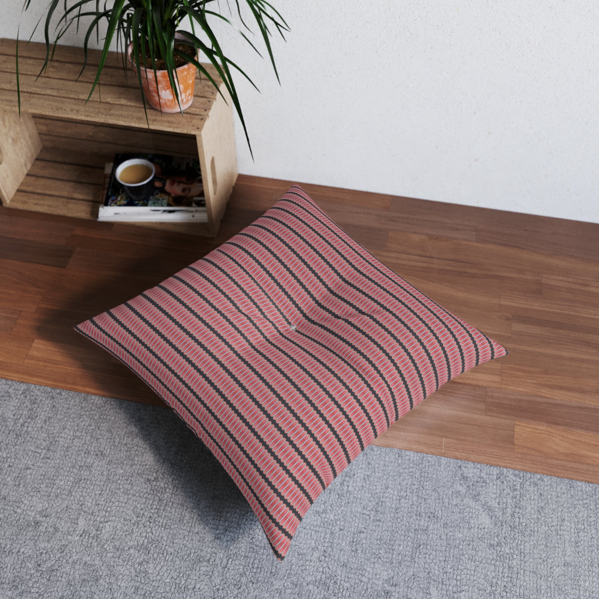 "The Nike of Samothrace" Coral Red and Grey Tufted Floor Pillow