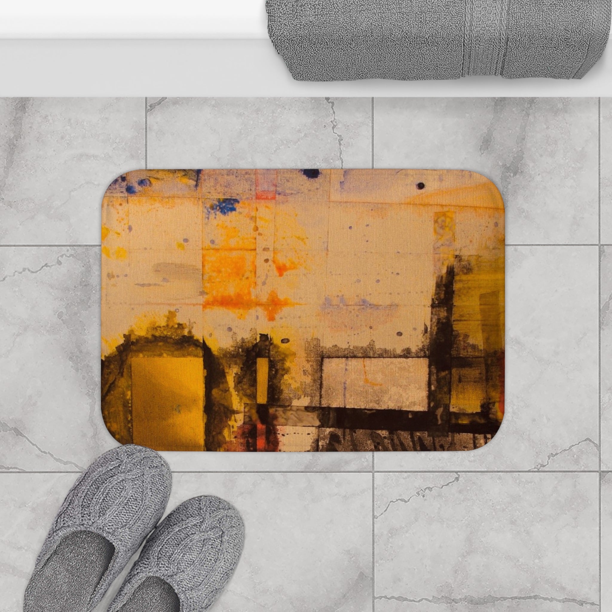 "Dance in the Rain" Abstract Urban Yellow Bath Mat — Modern Industrial Bathroom Rug