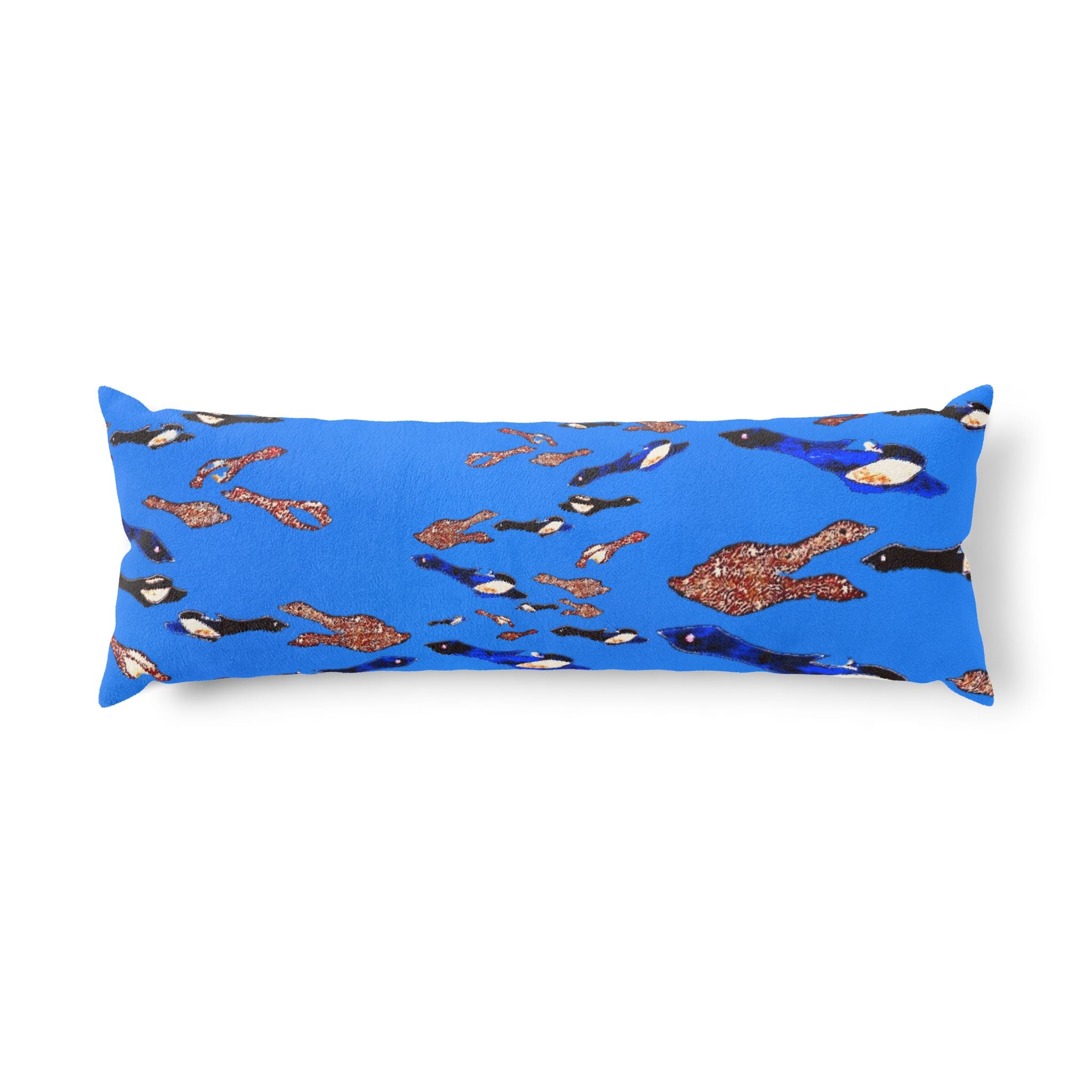 "Fly Me to the Moon" Blue and Brown Birdies Body Pillow — Serene Aquatic Decorative Pillow for Relaxation