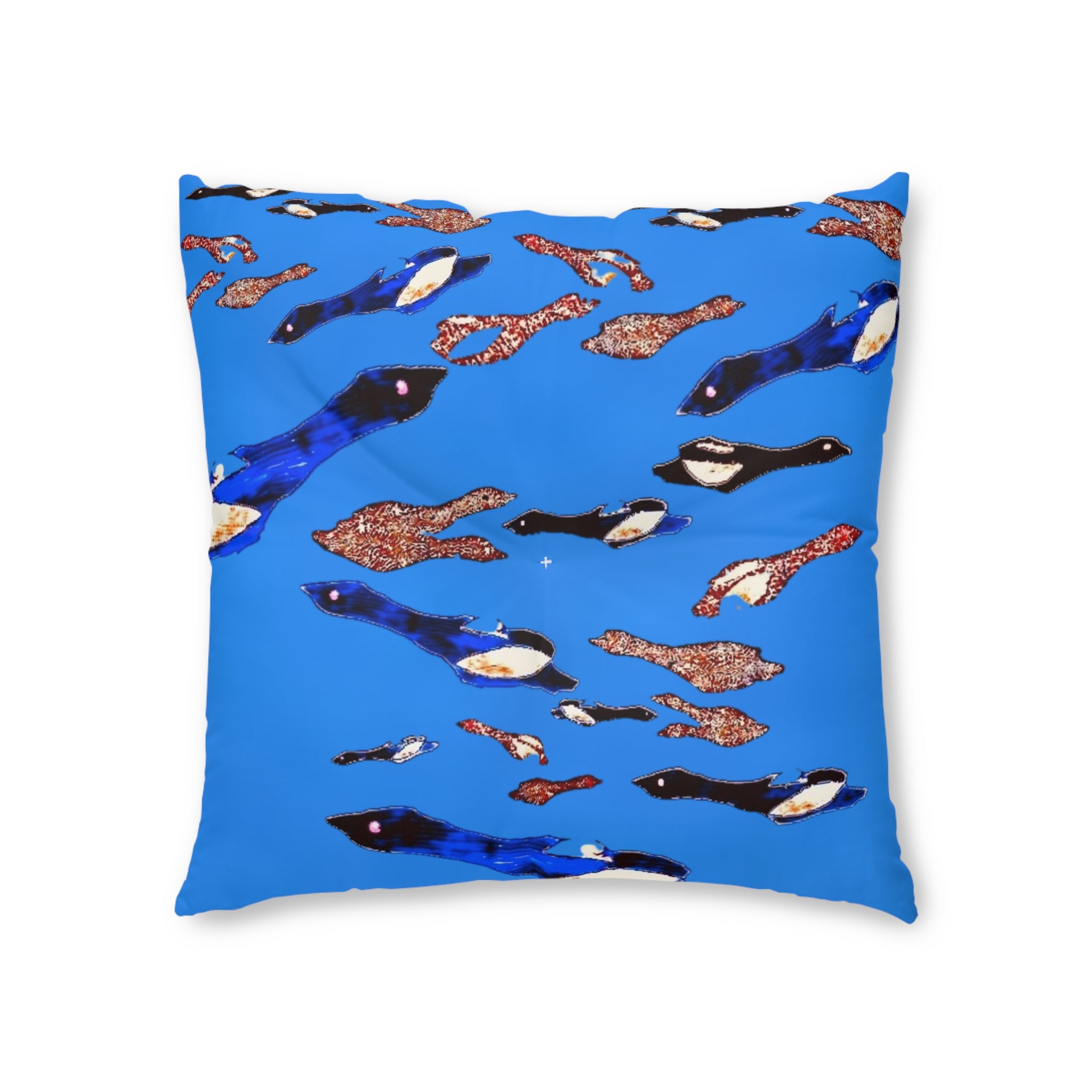 "Fly Me to the Moon" Blue Cerulean Birdies Square Floor Pillow — Tufted Decorative Cushion