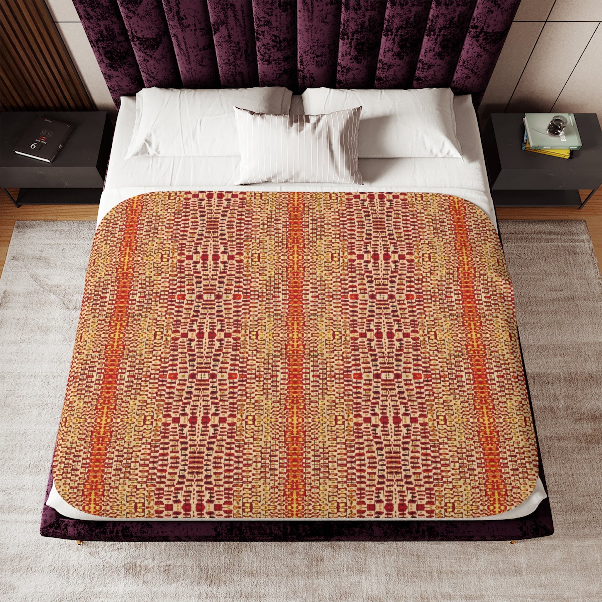 "Queen Mother" Gold, Bronze, Pen Drawing, Red Orange - Autumn Woven Sherpa Blanket – Cozy Boho Plaid Throw for Sofa & Bed