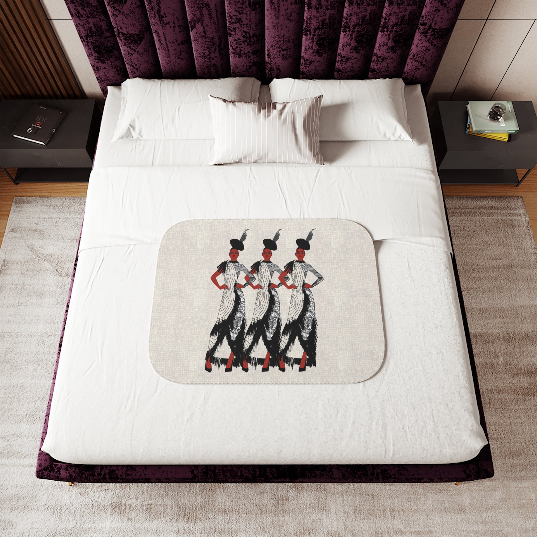"Fierce Honey" Art Deco Trio Sherpa Blanket — Retro Fashion Illustration Throw