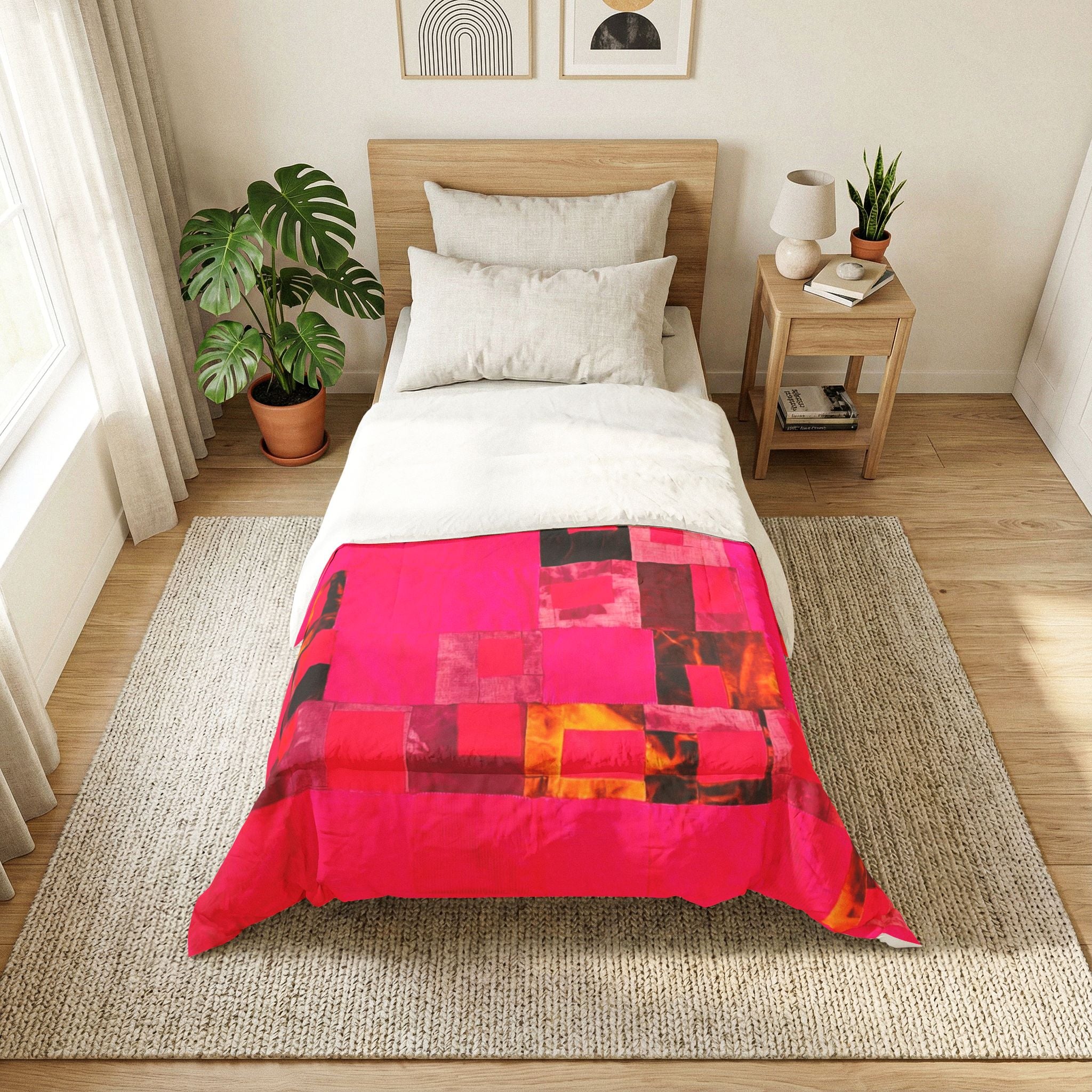 "Lela Lela" Vivid Pink Abstract Cotton Comforter – Modern Geometric Quilt for Bedroom