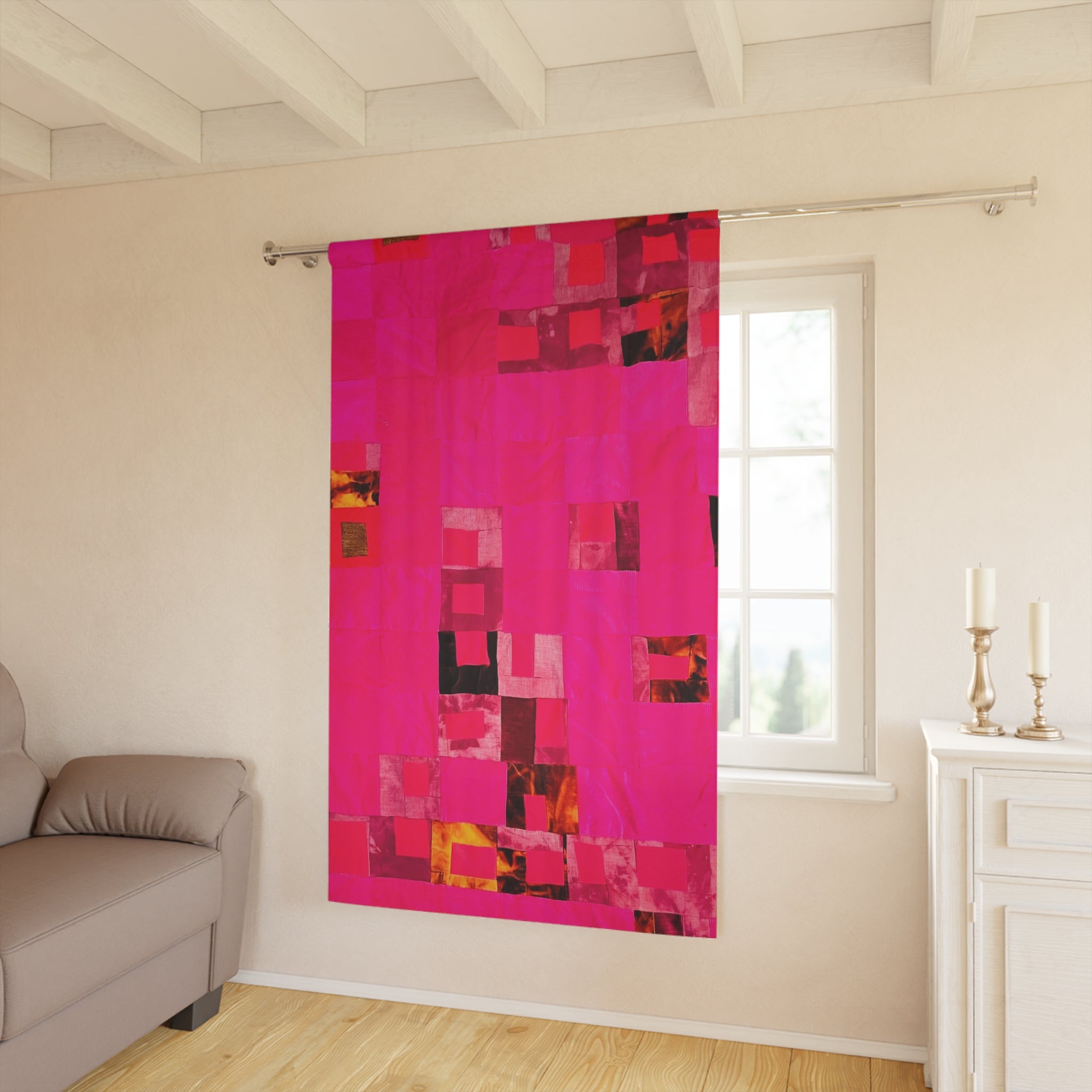 "Lela Lela" Pink Abstract Patchwork Curtain — Modern Window Panel