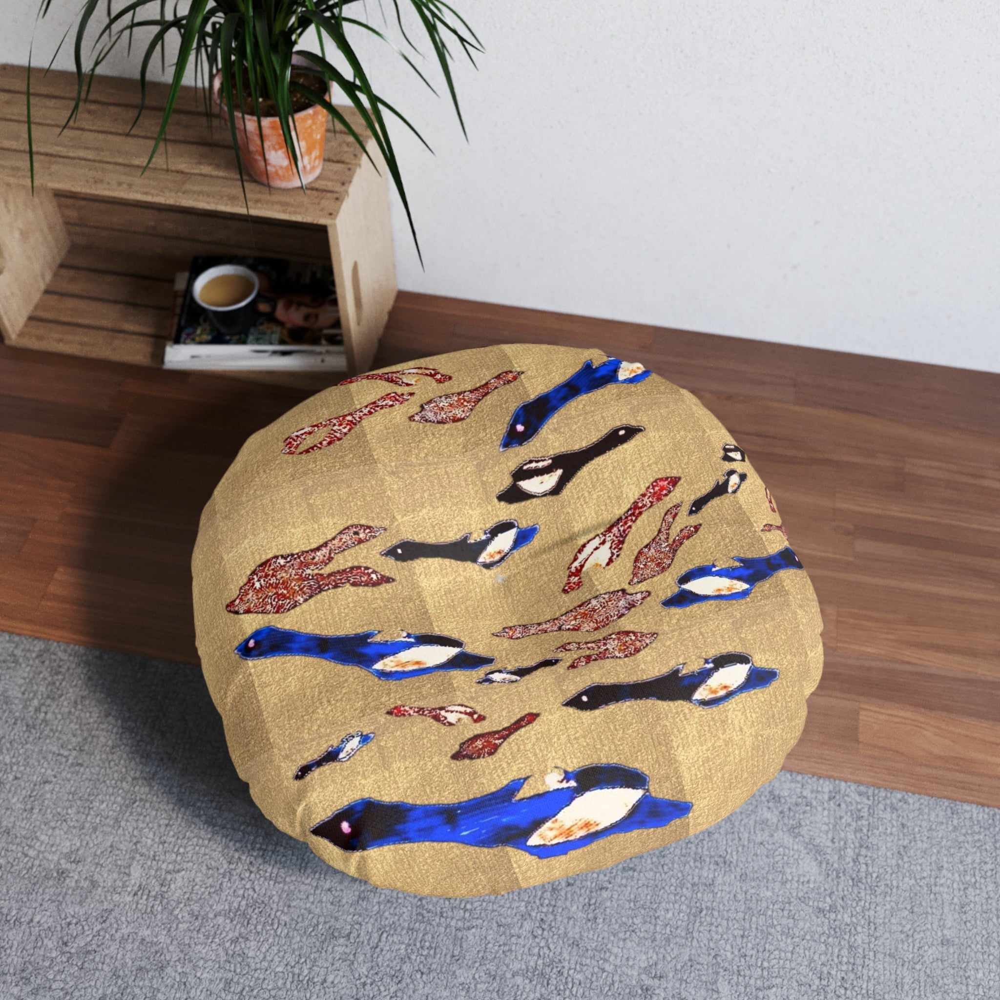 "Fly Me to the Moon" Gold and Bronze Round Tufted Floor Pillow — Coastal Blue & Coral Birdie Tapestry Pattern