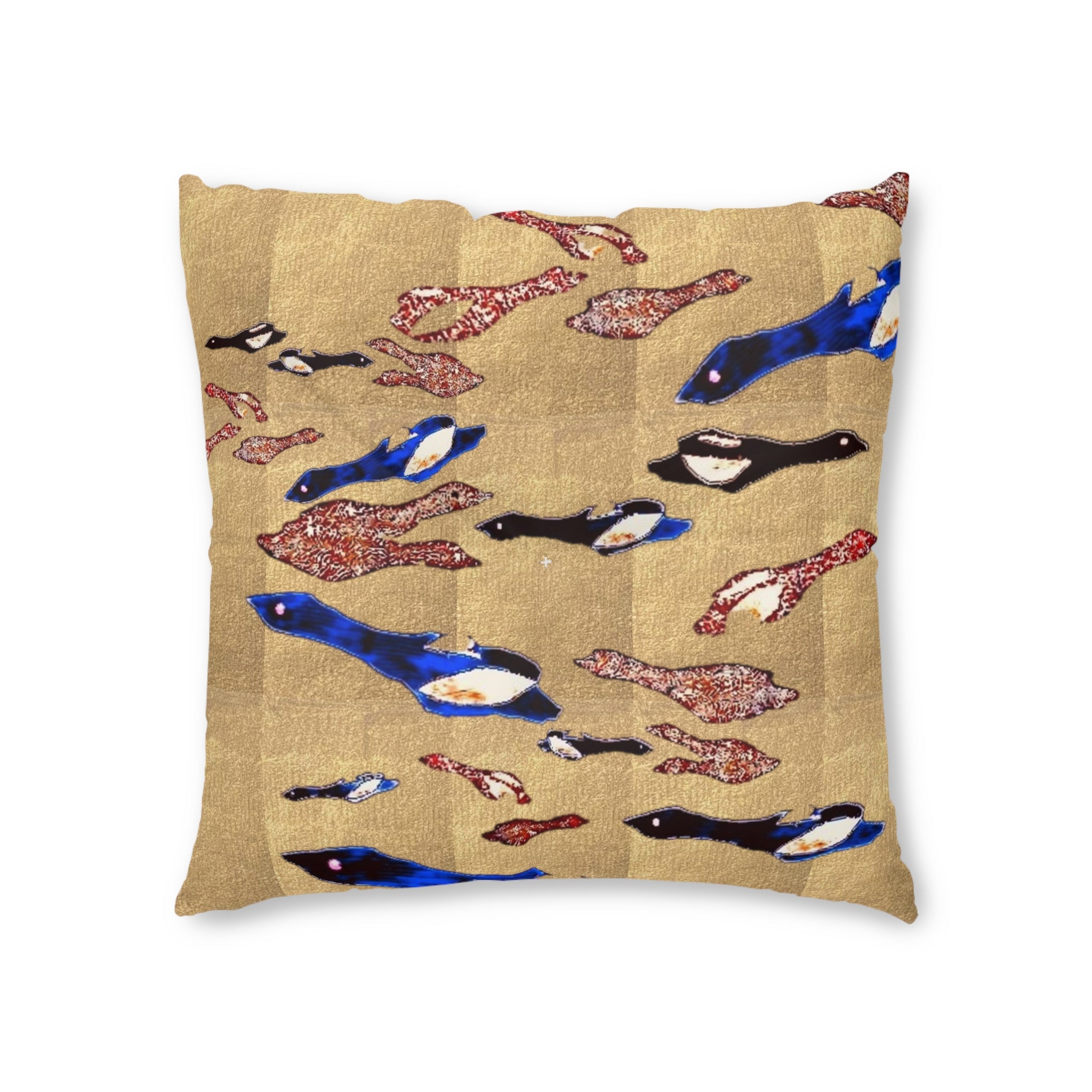 "Fly Me to the Moon" Bronze and Gold, Floor Pillow — Blue & Black Flying Birdies Pattern Tufted Square Cushion