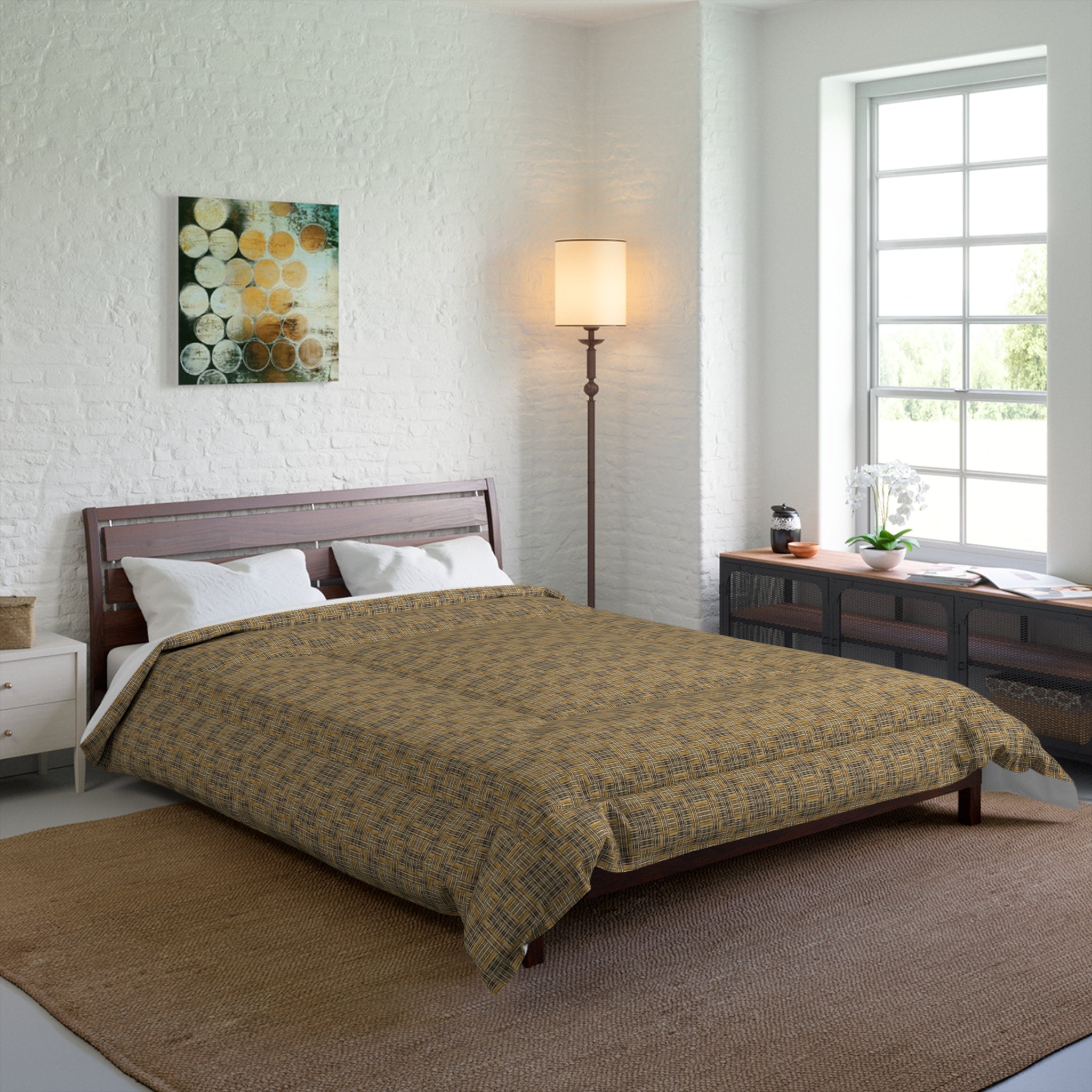 "All Things Fall Apart" Woven Plaid Comforter — Rustic Brown Geometric Check Bedding